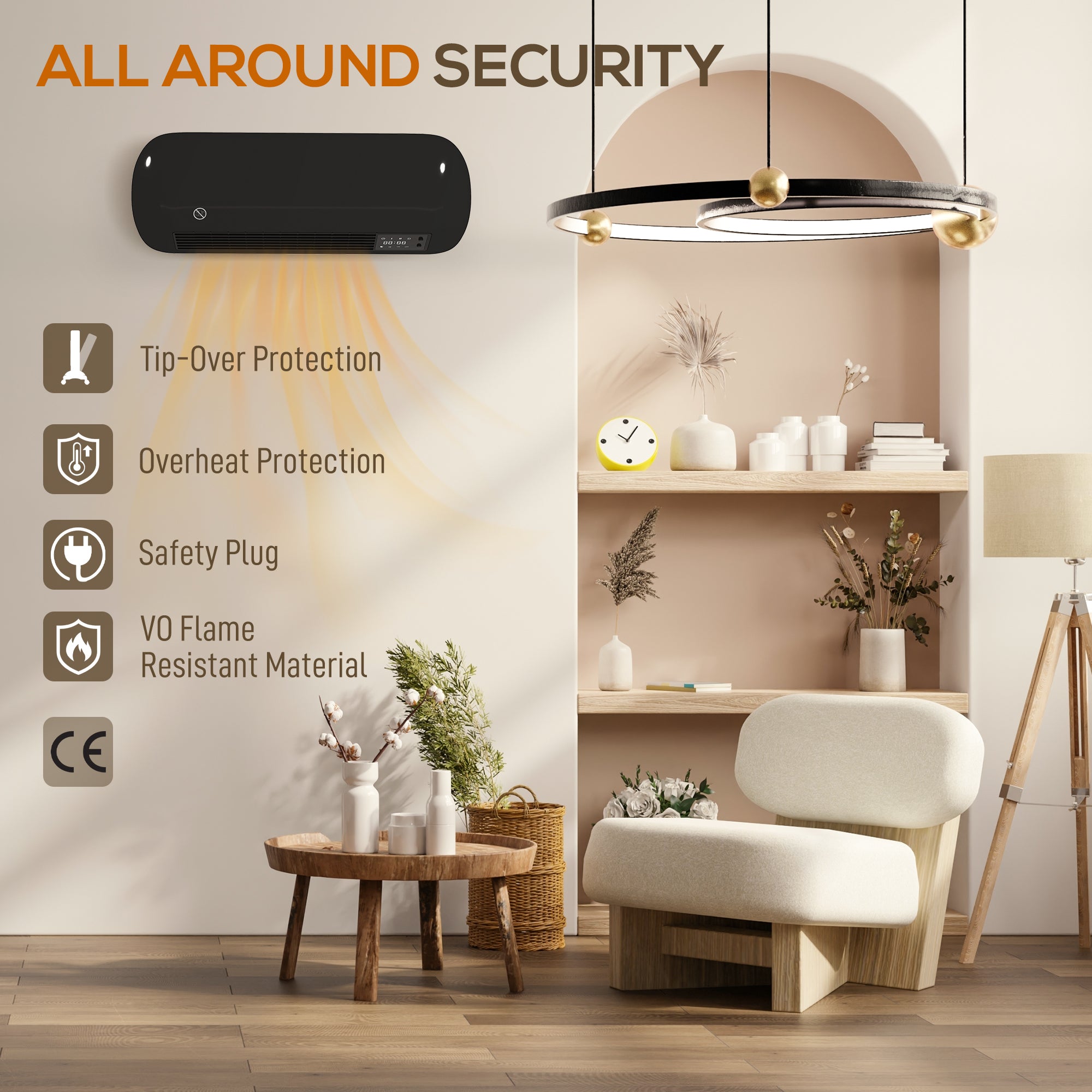 Electric Heater, 2000W Ceramic Space Heater, Wall Mounted, with Fan, Adjustable Thermostat, Weekly Timer, Oscillation, Open Window Detection, 24H Timer, Remote Control, Children Lock, Black