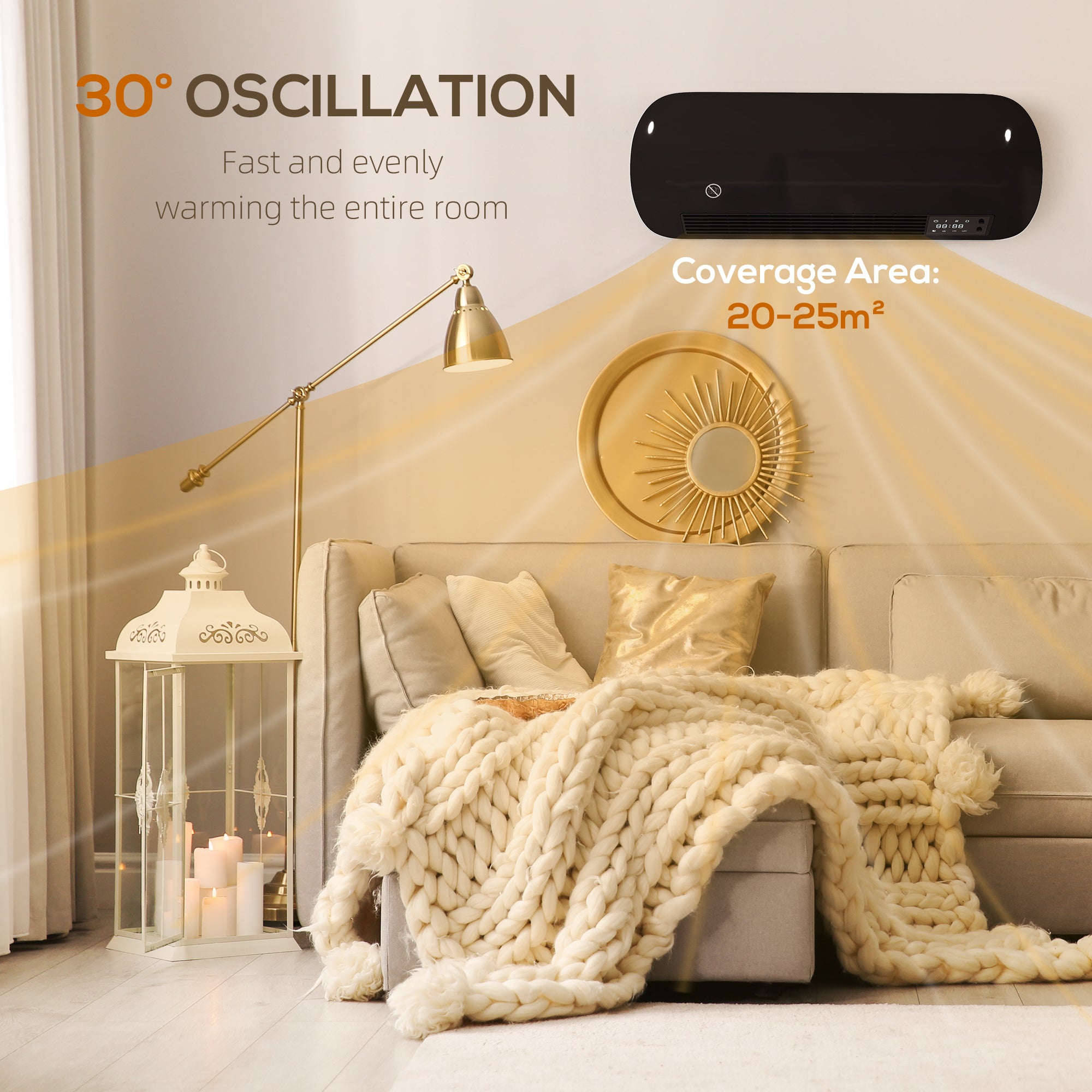 Electric Heater, 2000W Ceramic Space Heater, Wall Mounted, with Fan, Adjustable Thermostat, Weekly Timer, Oscillation, Open Window Detection, 24H Timer, Remote Control, Children Lock, Black