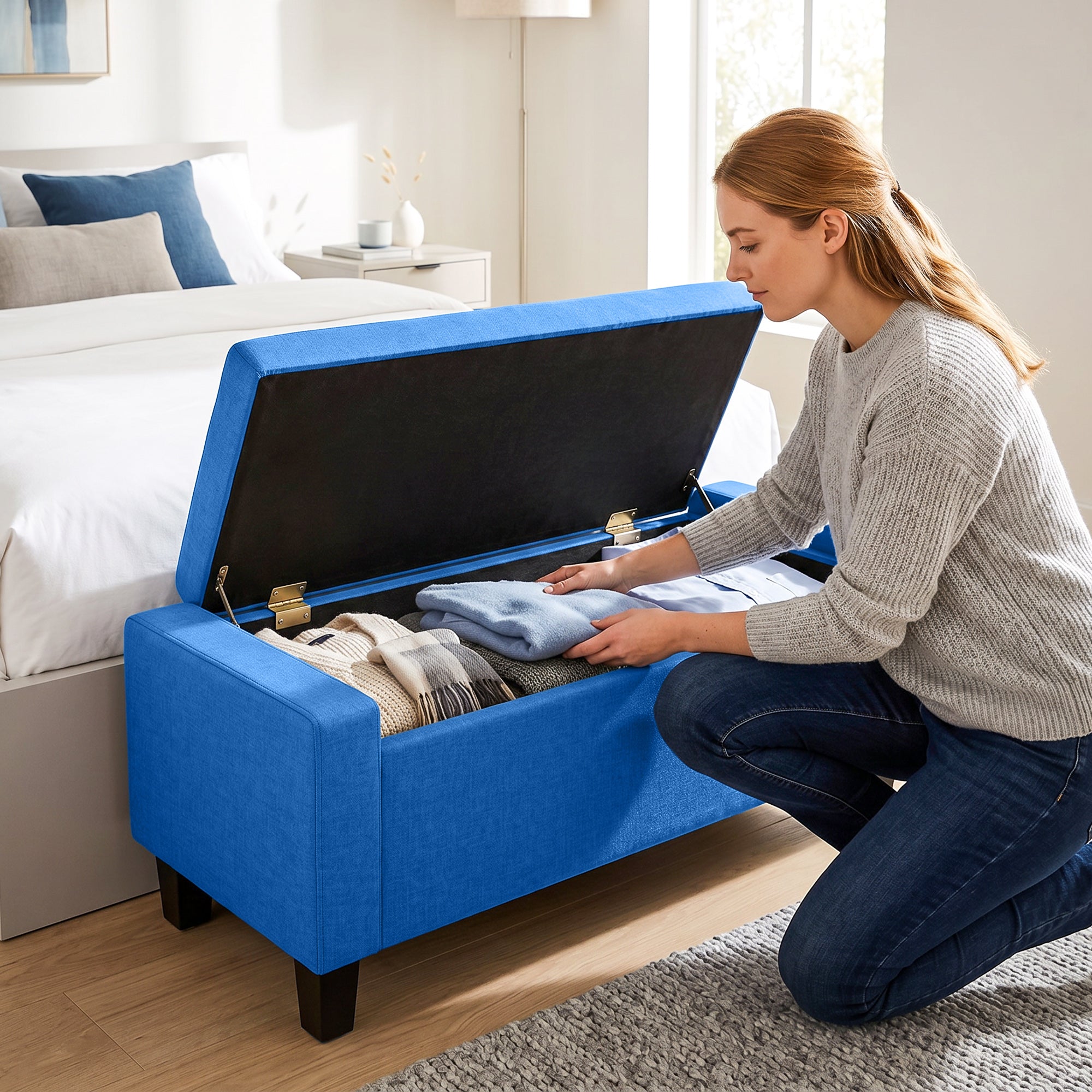 36.6" Tufted Fabric Rectangular Storage Ottoman, Sitting Bench with Armrests and Wooden Legs, Holds up to 528 lbs, for Entryway, Living Room, Bedroom, Blue