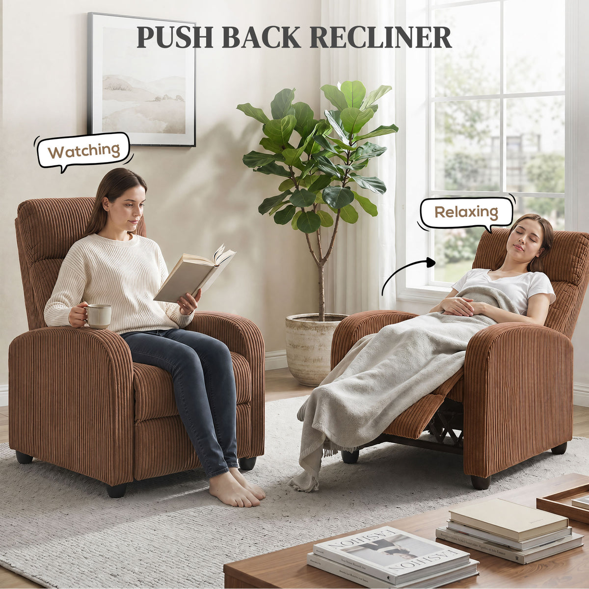 Push Back Recliner Chair, Corduroy Home Theater Seating, Single Reclining Sofa Chair with Padded Seat for Living Room, Brown