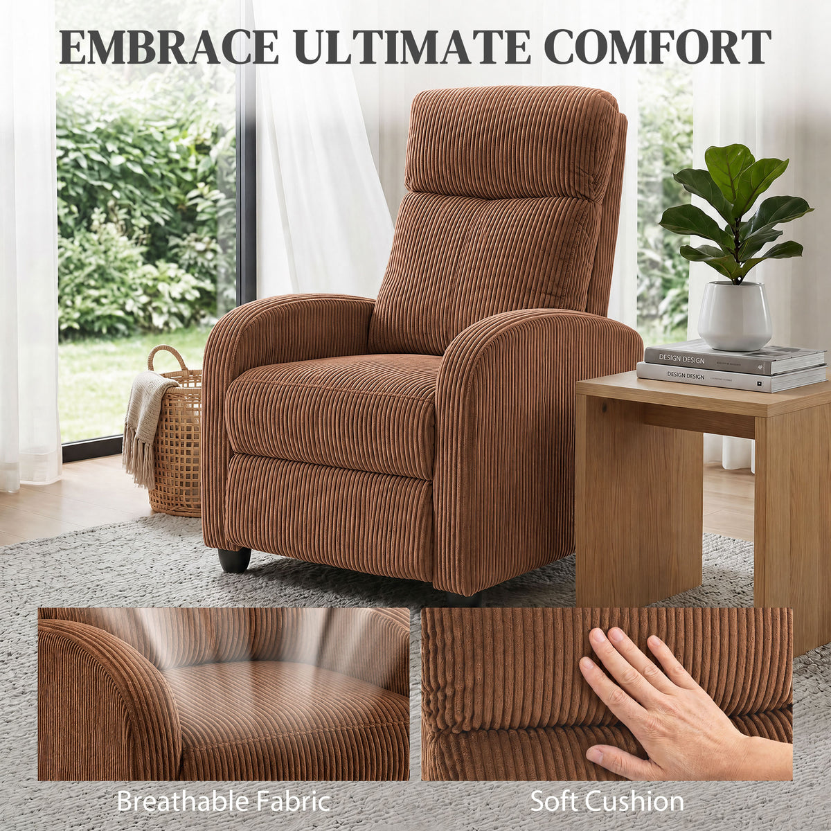 Push Back Recliner Chair, Corduroy Home Theater Seating, Single Reclining Sofa Chair with Padded Seat for Living Room, Brown