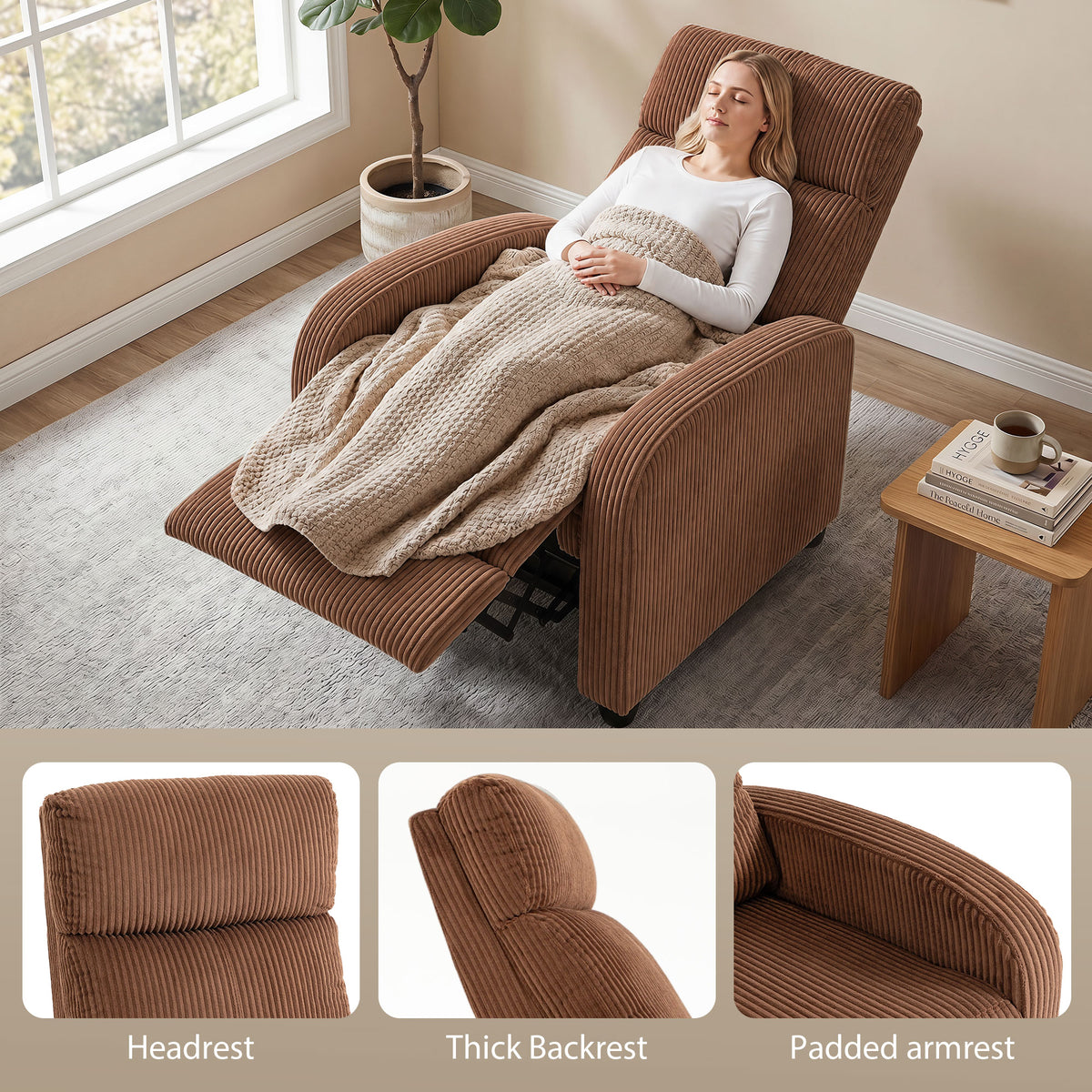 Push Back Recliner Chair, Corduroy Home Theater Seating, Single Reclining Sofa Chair with Padded Seat for Living Room, Brown