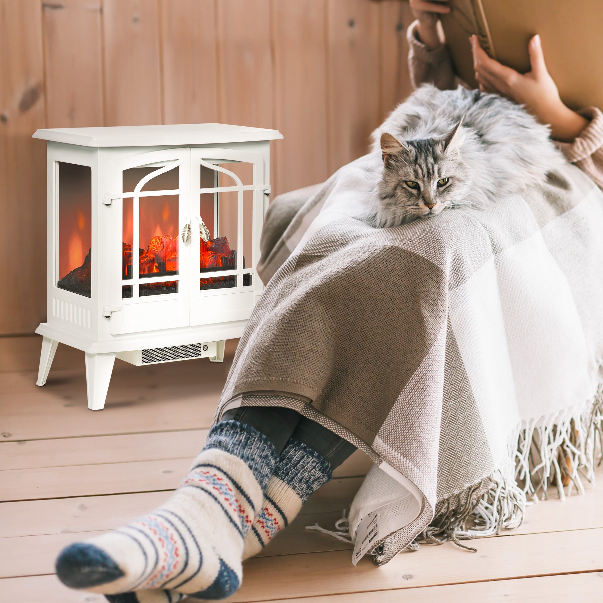 Electric Fireplace Heater Freestanding Fireplace Stove with Realistic Flame Effect, Adjustable Temperature and Overheat Protection, 1400W, White