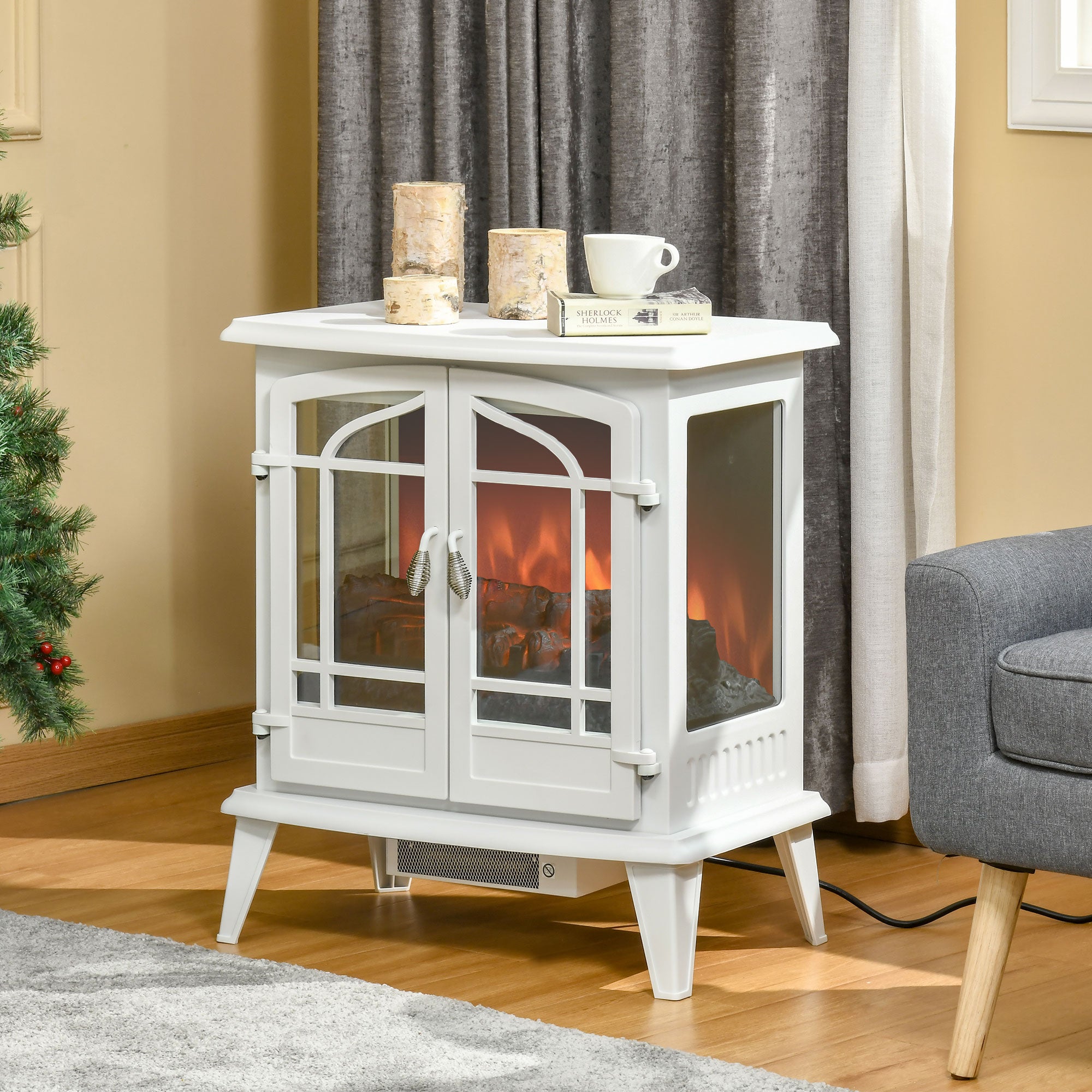 Electric Fireplace Heater Freestanding Fireplace Stove with Realistic Flame Effect, Adjustable Temperature and Overheat Protection, 1400W, White