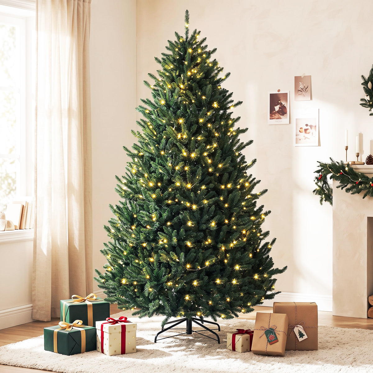 7.5ft Prelit Christmas Tree, Wide Colorado Blue Spruce, Easy Plug, Artificial Hinged Xmas Tree with 690 Warm White & Multi-Colour LED Lights, 2626 Tips for Holiday, Green