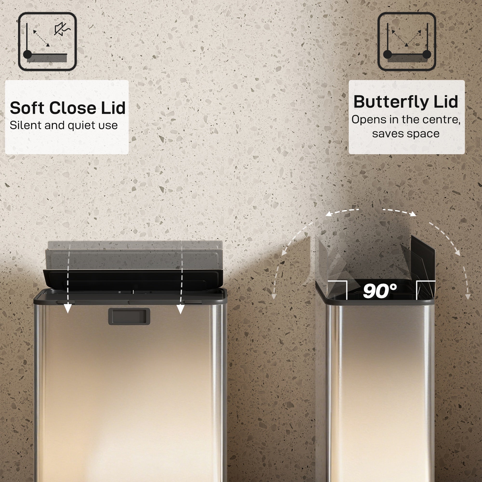 Dual Kitchen Bin with Soft-Close Butterfly Lid, 2 x 7.4Gal Stainless Steel Pedal Bin with Removable Inner Buckets, Fingerprint-Proof for Recycling and Waste, Silver Tone