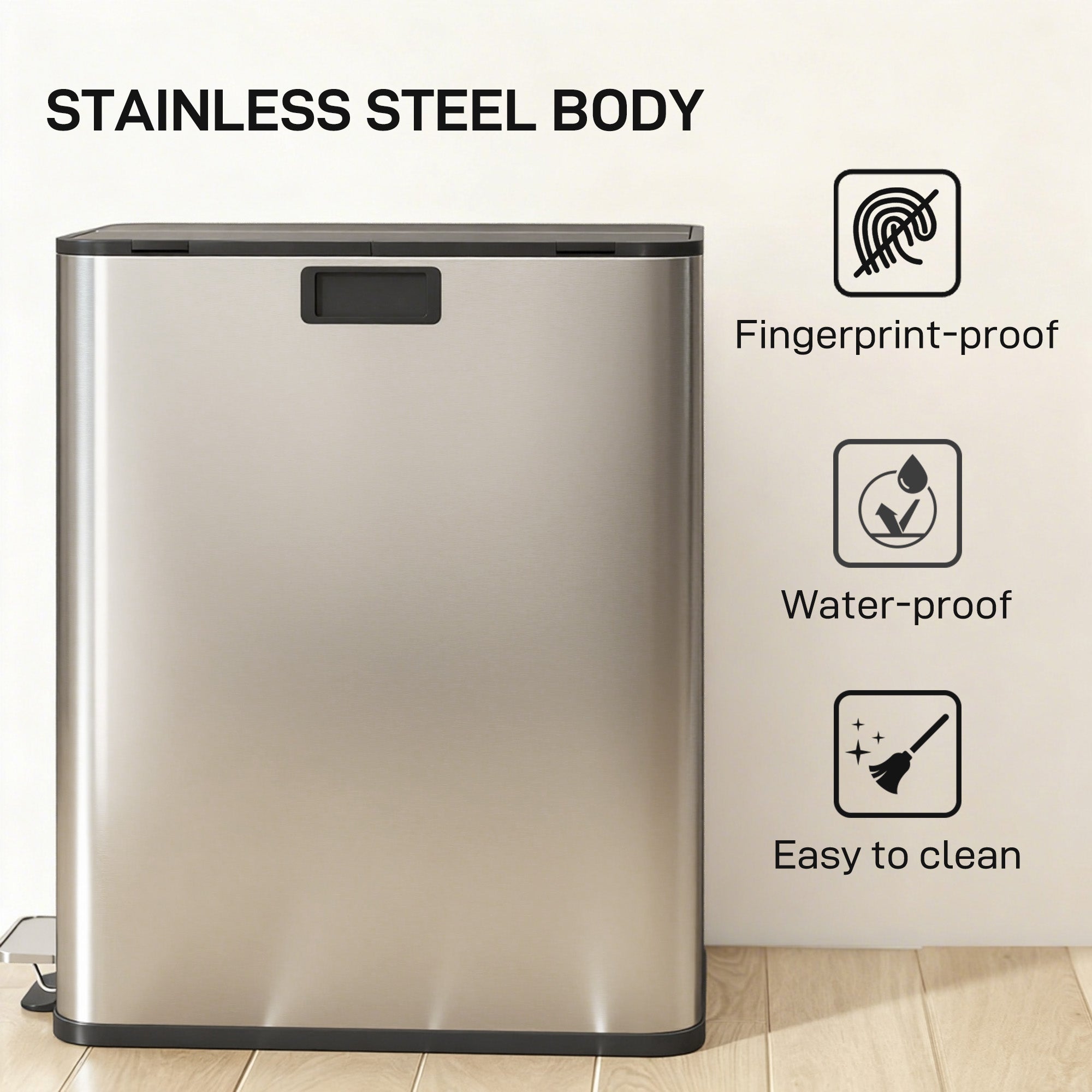 Dual Kitchen Bin with Soft-Close Butterfly Lid, 2 x 7.4Gal Stainless Steel Pedal Bin with Removable Inner Buckets, Fingerprint-Proof for Recycling and Waste, Silver Tone