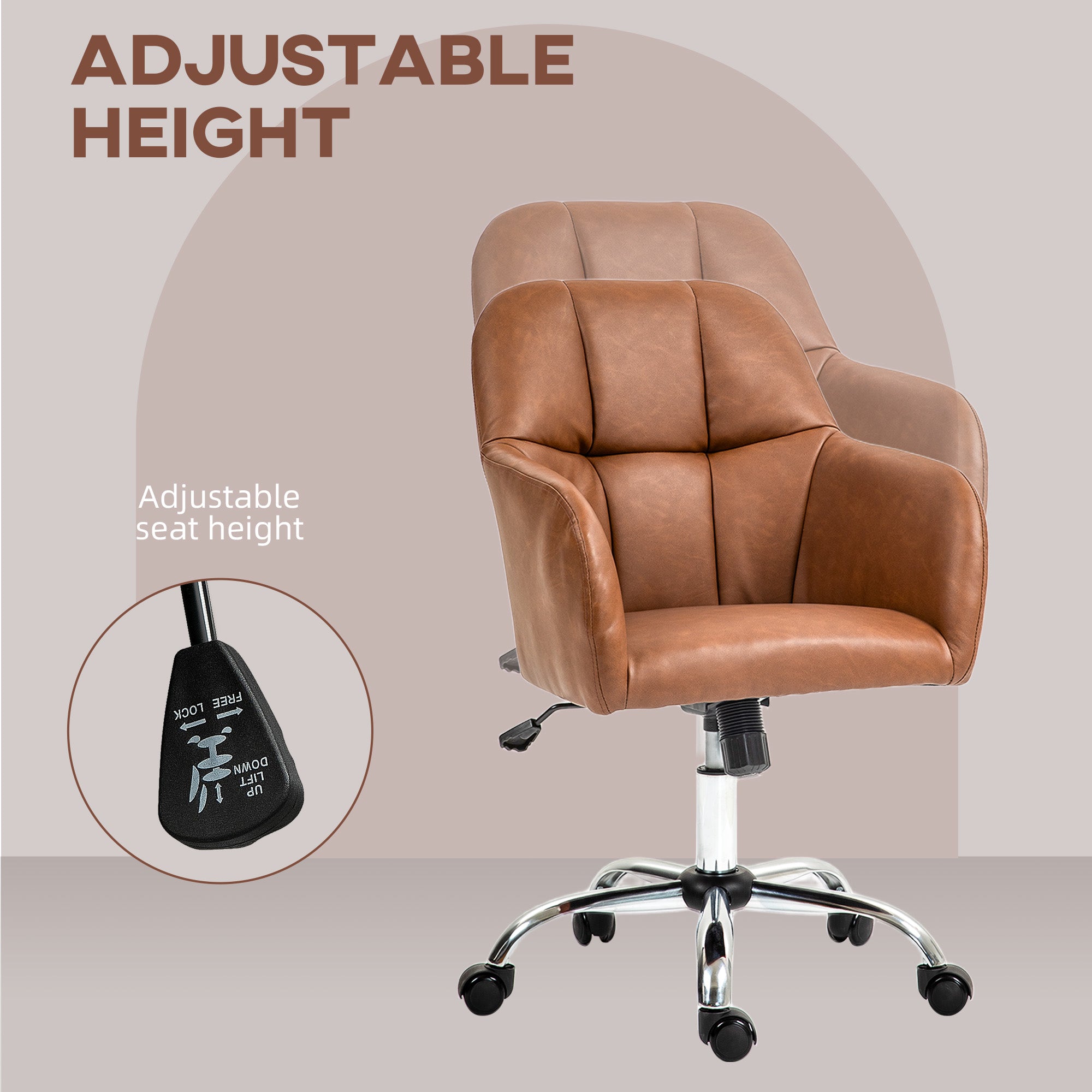 HOMCOM Computer Desk Chair, PU Leather Swivel Office Chair, Makeup Vanity Chair with Height Adjustable, Wheels, for Home Study Bedroom, Brown