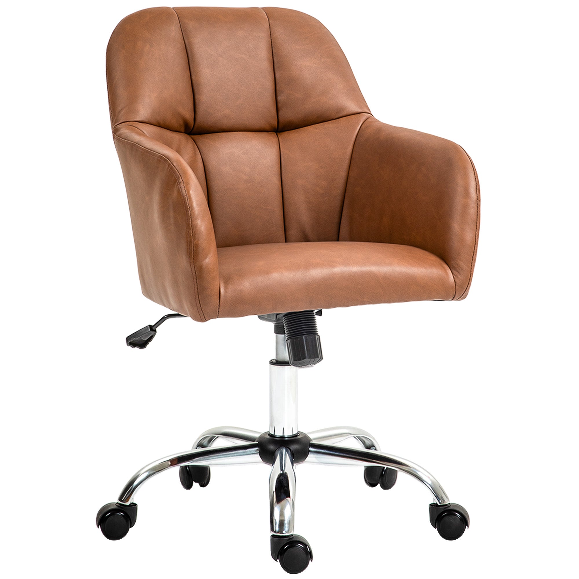 HOMCOM Computer Desk Chair, PU Leather Swivel Office Chair, Makeup Vanity Chair with Height Adjustable, Wheels, for Home Study Bedroom, Brown