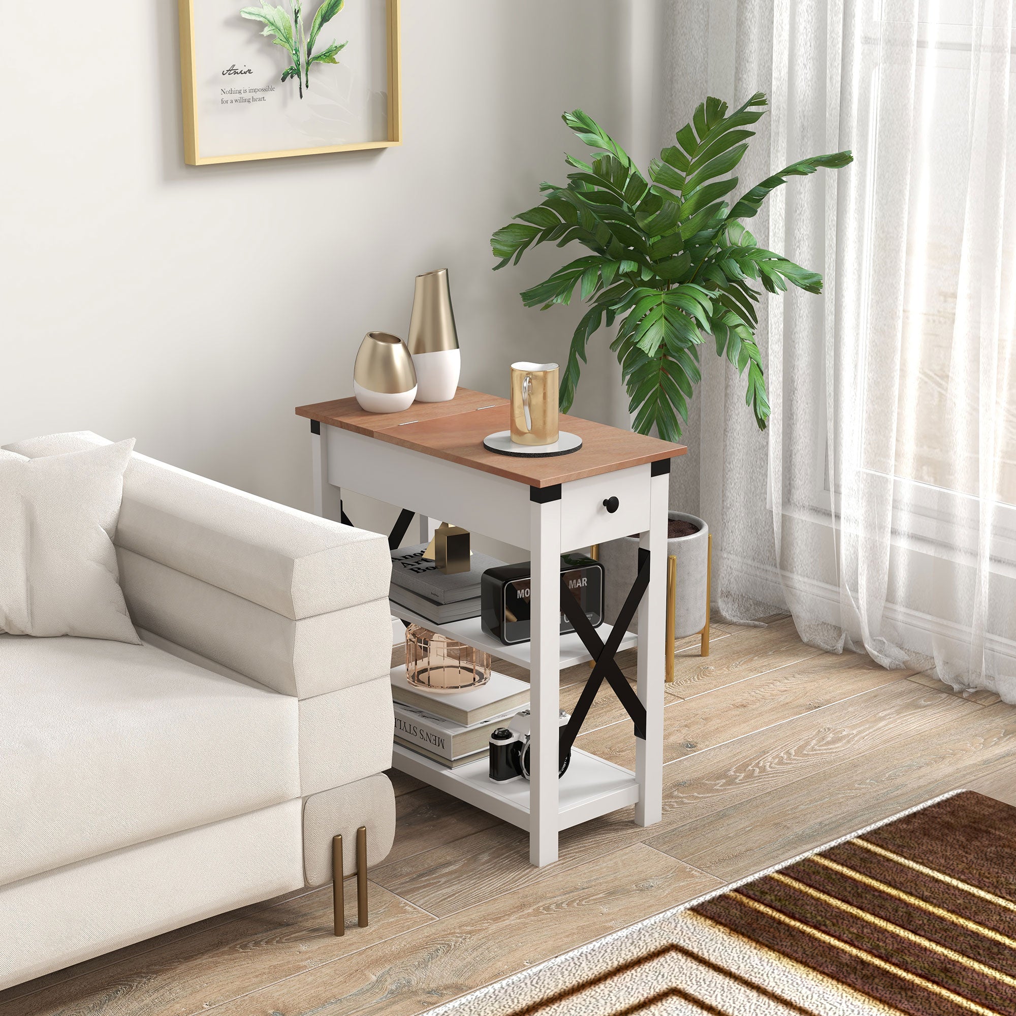 End Side Table with Charging Station 2 USB Ports and 1 Outlet for Living Room Bedroom White