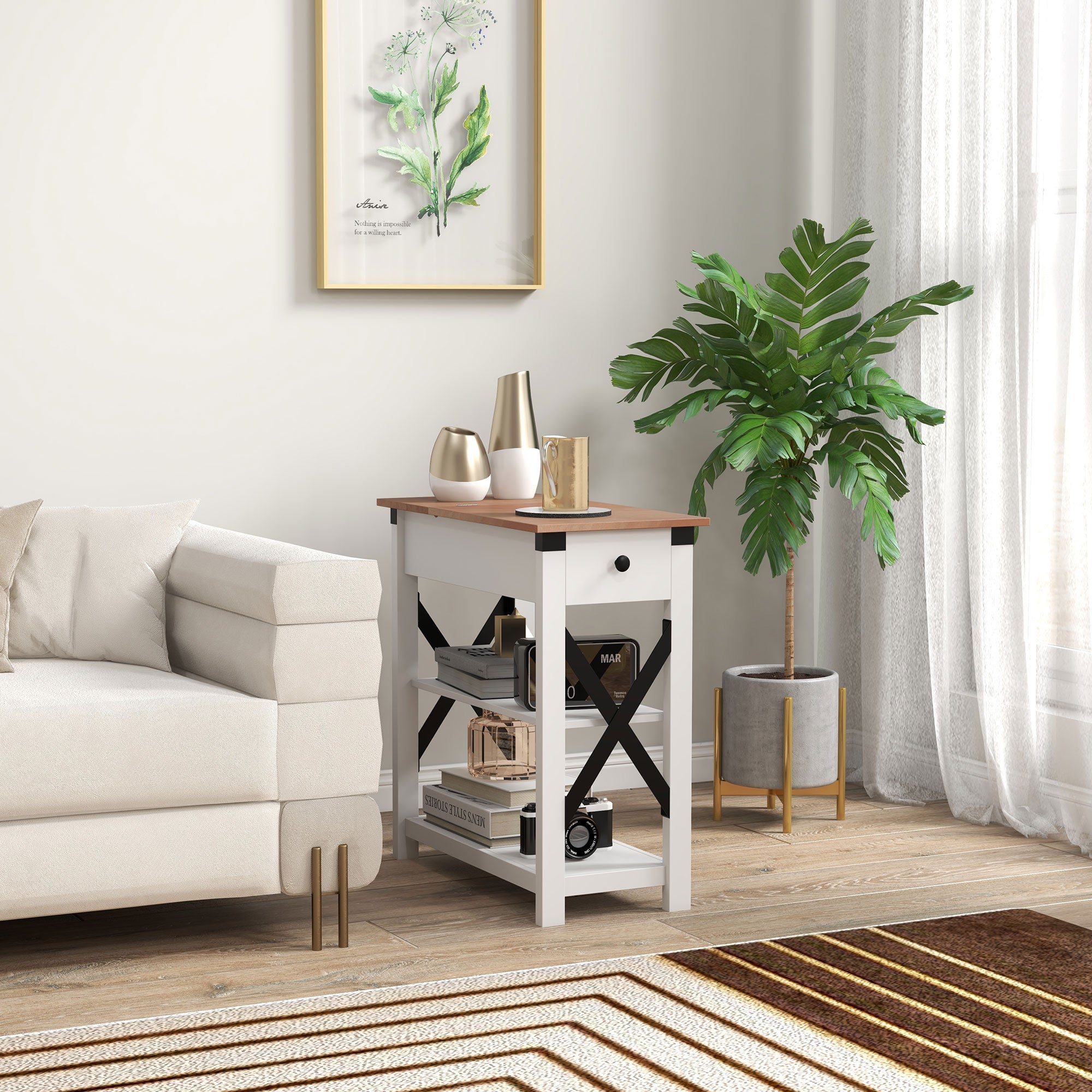 End Side Table with Charging Station 2 USB Ports and 1 Outlet for Living Room Bedroom White