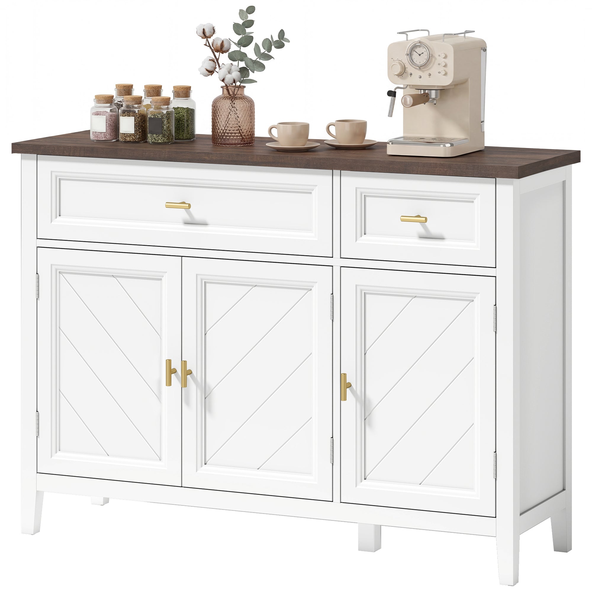 Sideboard with Thick Top, Modern Storage Cabinet, Kitchen Cupboard with 3 Doors, 2 Drawers and Adjustable Shelves for Dining Room, Living Room, White and Brown Wood Effect