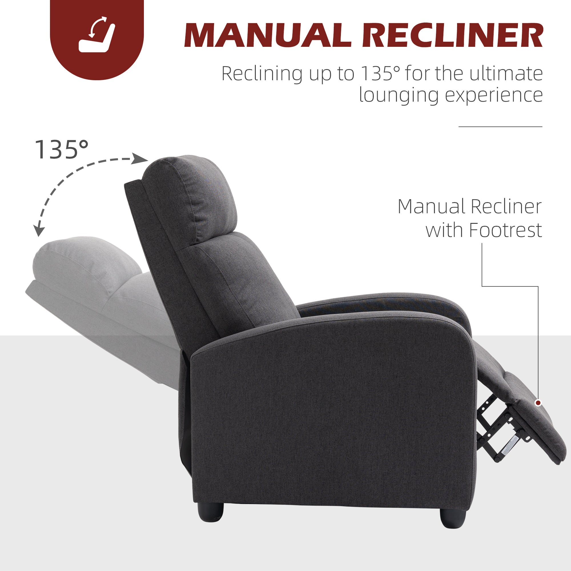 HOMCOM Push Back Recliner Chair, Fabric Home Theater Seating, Single Reclining Sofa Chair with Padded Seat for Living Room, Dark Grey