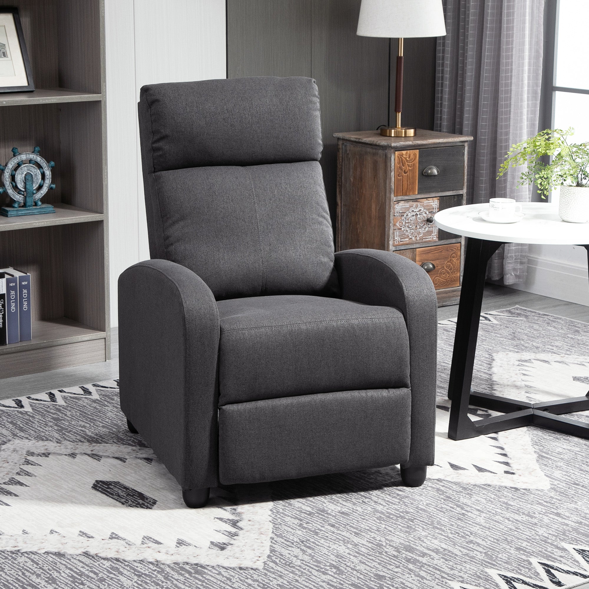 HOMCOM Push Back Recliner Chair, Fabric Home Theater Seating, Single Reclining Sofa Chair with Padded Seat for Living Room, Dark Grey