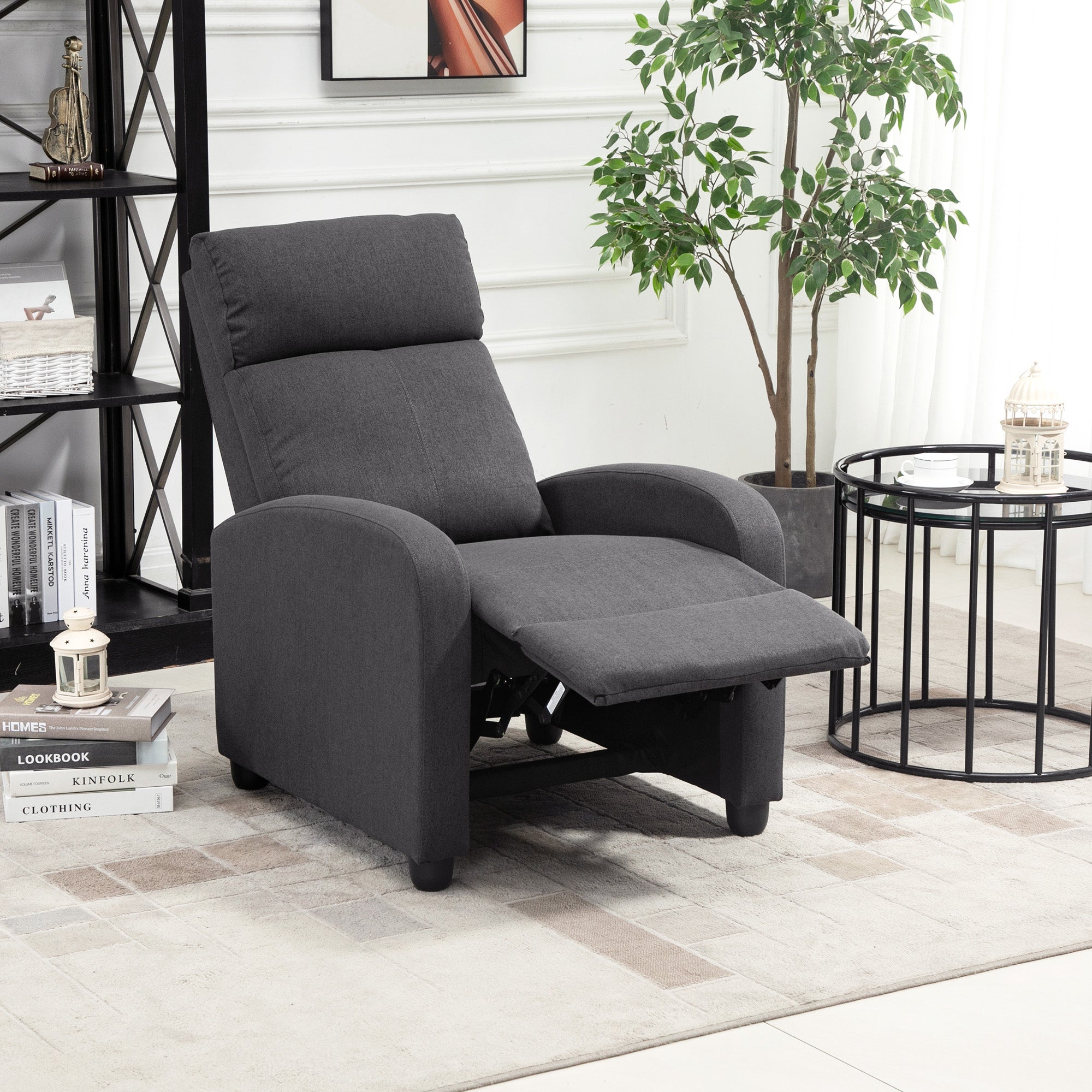 HOMCOM Push Back Recliner Chair, Fabric Home Theater Seating, Single Reclining Sofa Chair with Padded Seat for Living Room, Dark Grey
