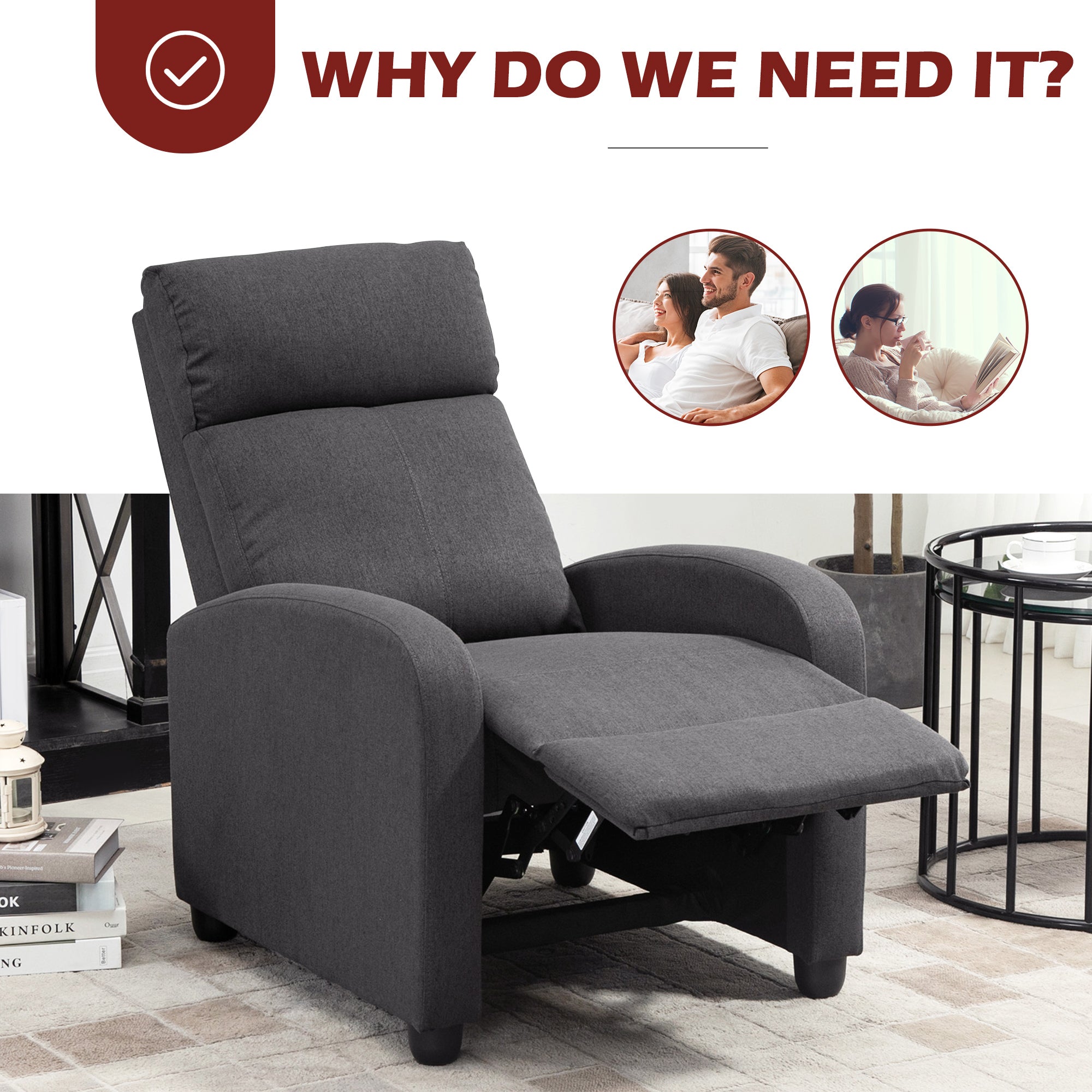 HOMCOM Push Back Recliner Chair, Fabric Home Theater Seating, Single Reclining Sofa Chair with Padded Seat for Living Room, Dark Grey