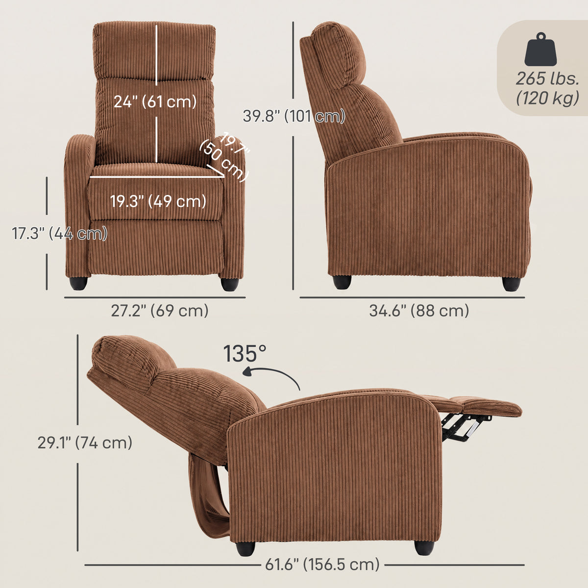 Push Back Recliner Chair, Corduroy Home Theater Seating, Single Reclining Sofa Chair with Padded Seat for Living Room, Brown