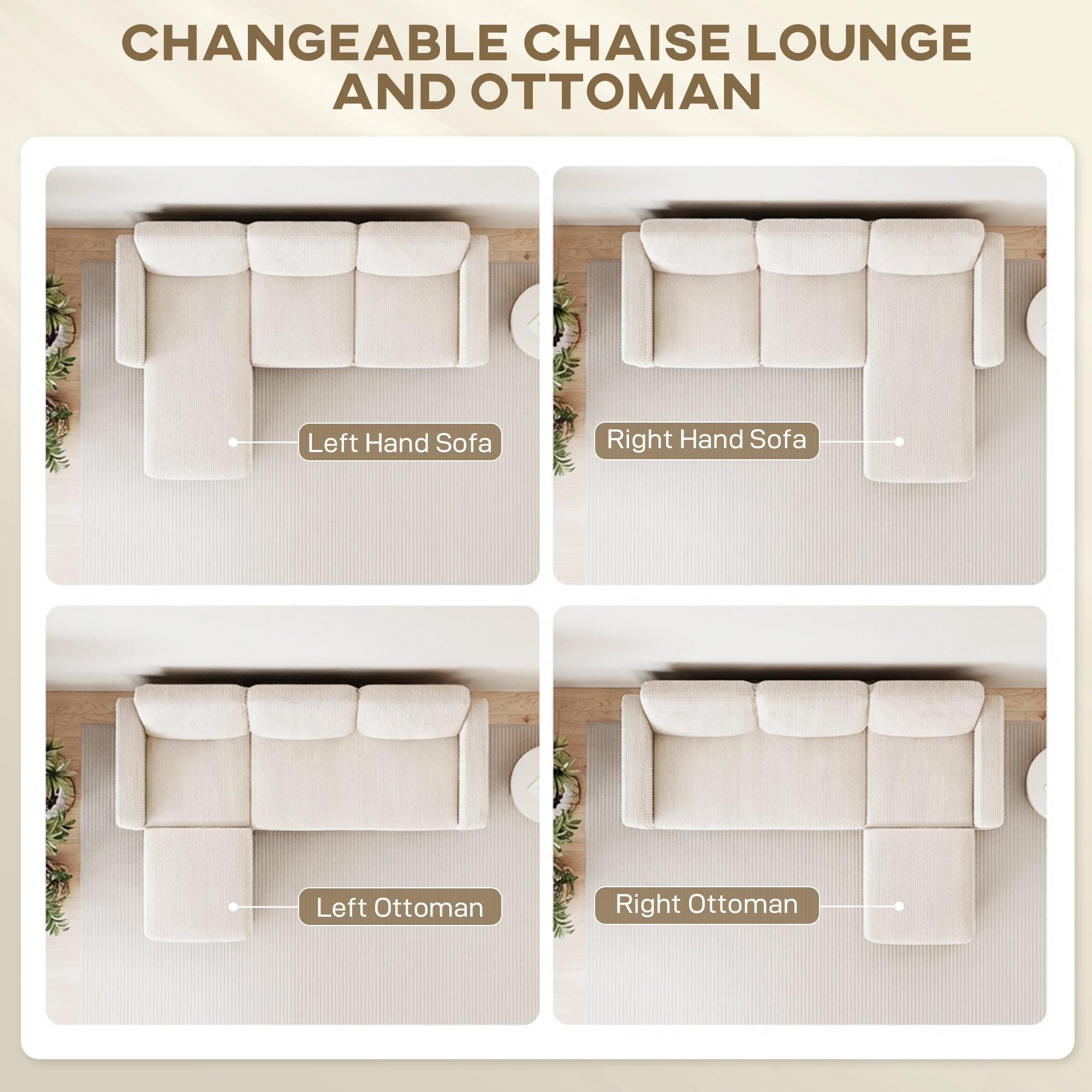 73" Sectional Sofa, L Shaped Couch with Reversible Chaise or Ottoman, Corduroy 3 Seat Sectional Couch for Living Room, Bedroom, Apartment, 2200lb Capacity, Cream White