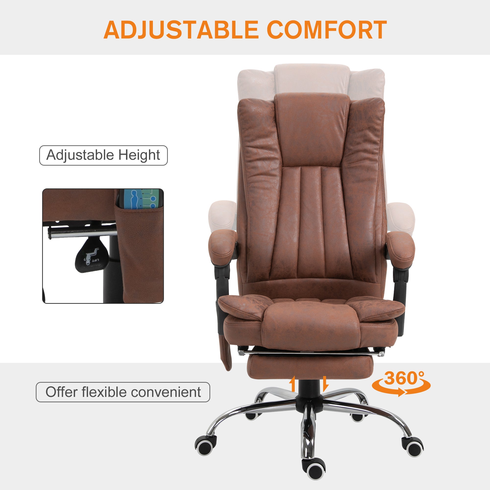 Vinsetto Executive Office Chair with Vibration Massage, Microfiber Reclining Computer Chair with Footrest, Adjustable Height, Swivel Wheels, Brown