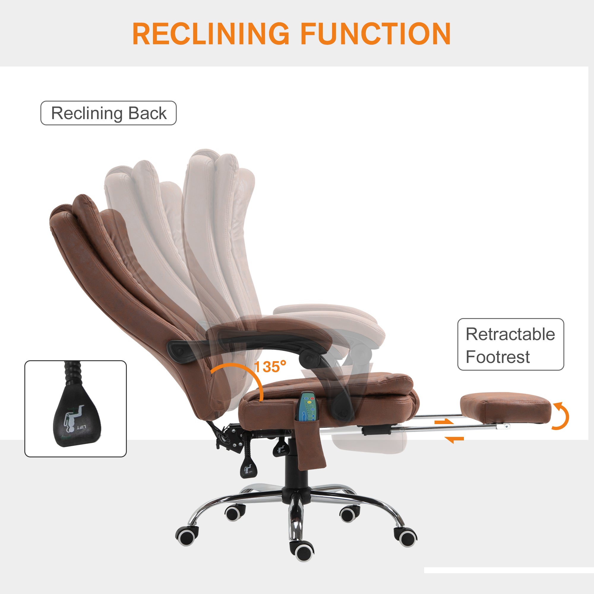 Vinsetto Executive Office Chair with Vibration Massage, Microfiber Reclining Computer Chair with Footrest, Adjustable Height, Swivel Wheels, Brown