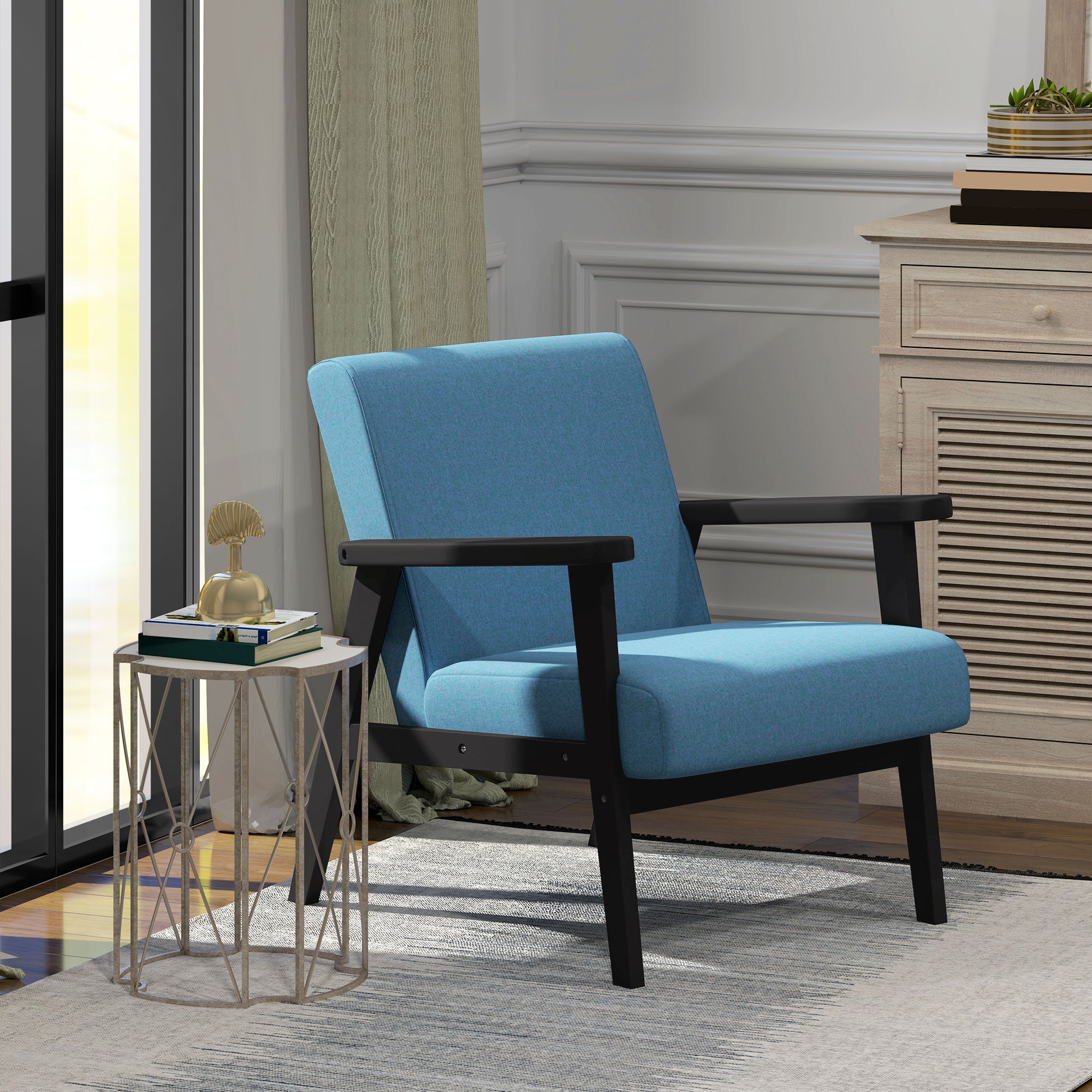 HOMCOM Fabric Accent Chair, Upholstered Armchair, Mid-Century Modern Living Room Chair with Wood Legs and Padded Cushion for Bedroom, Blue