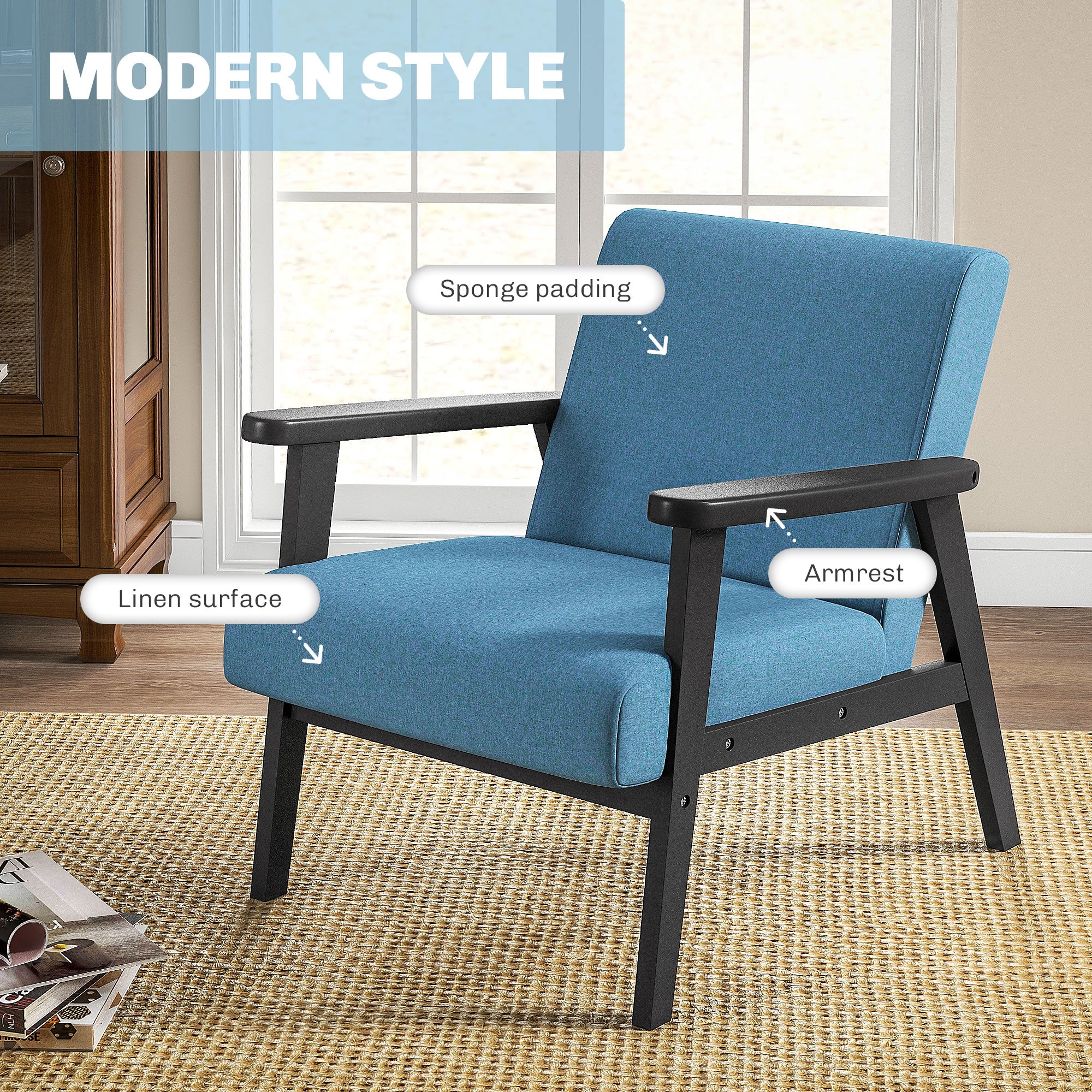 HOMCOM Fabric Accent Chair, Upholstered Armchair, Mid-Century Modern Living Room Chair with Wood Legs and Padded Cushion for Bedroom, Blue