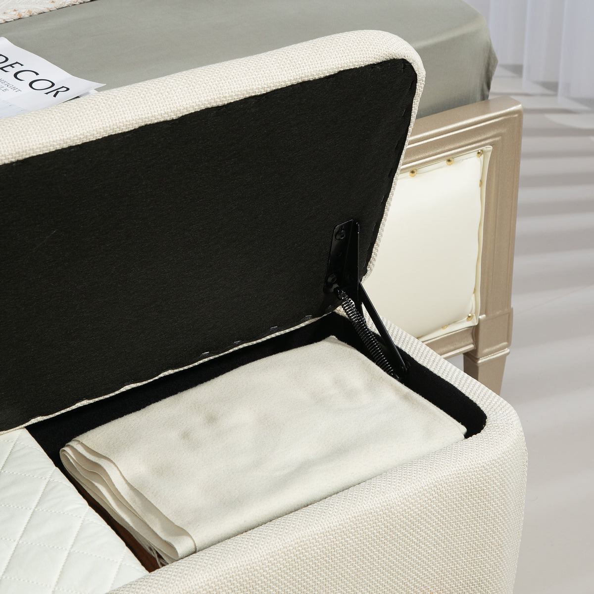 Storage Ottoman with Linen-Look Upholstery, Storage Bench with Safety Hinges and Wooden Legs for Bedroom, Hallway, Cream White