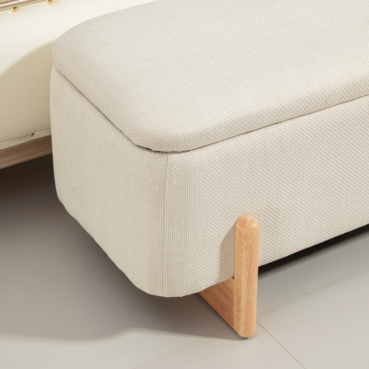 Storage Ottoman with Linen-Look Upholstery, Storage Bench with Safety Hinges and Wooden Legs for Bedroom, Hallway, Cream White