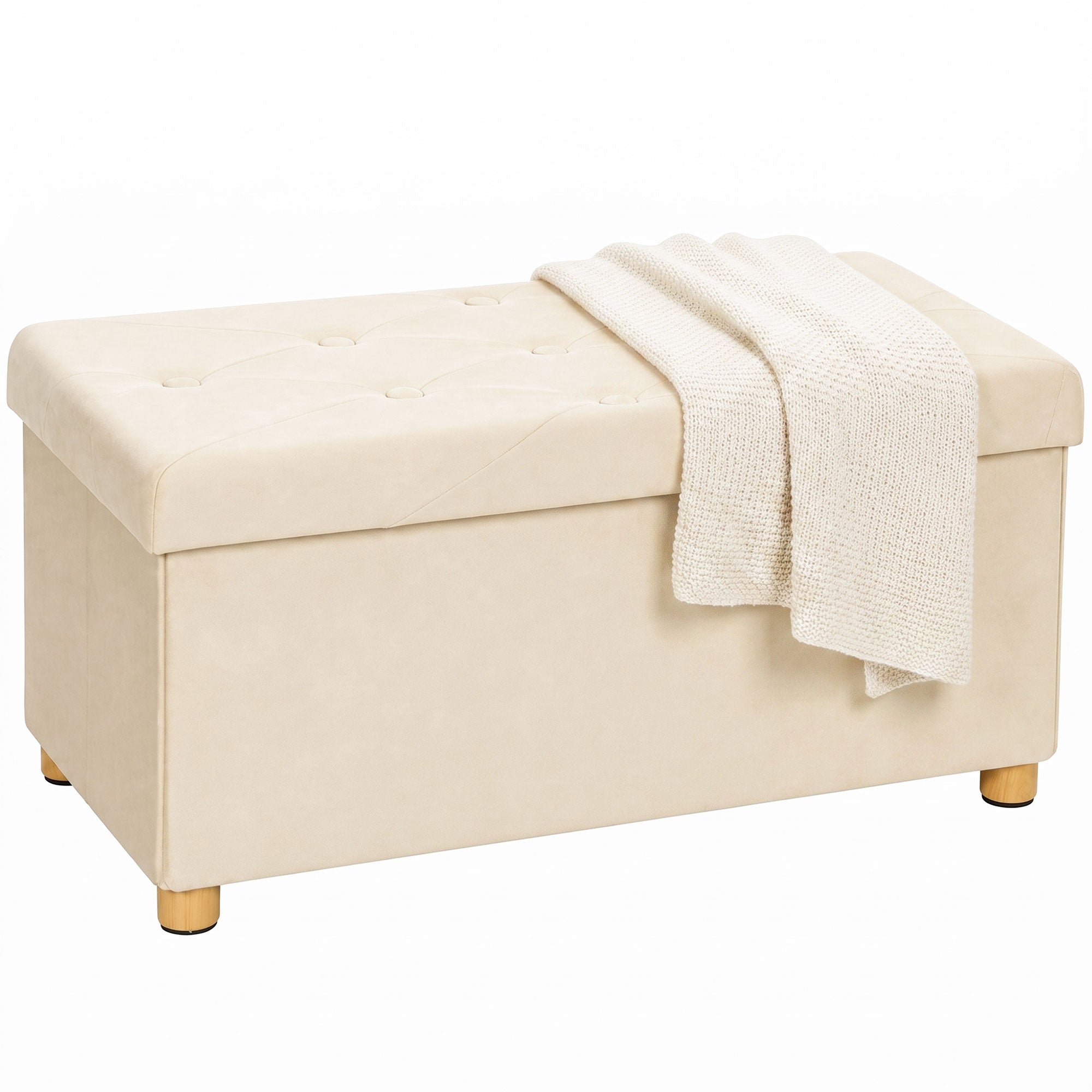 Storage Ottoman Bench, Velvet Upholstered Foldable Ottoman Footrest, Foot Stool with Wood Legs for Living Room, Bedroom, Entryway, Cream White