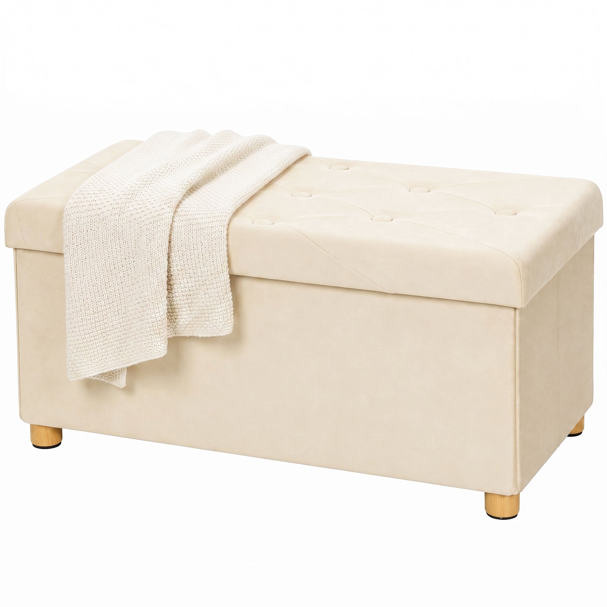 Storage Ottoman Bench, Velvet Upholstered Foldable Ottoman Footrest, Foot Stool with Wood Legs for Living Room, Bedroom, Entryway, Cream White
