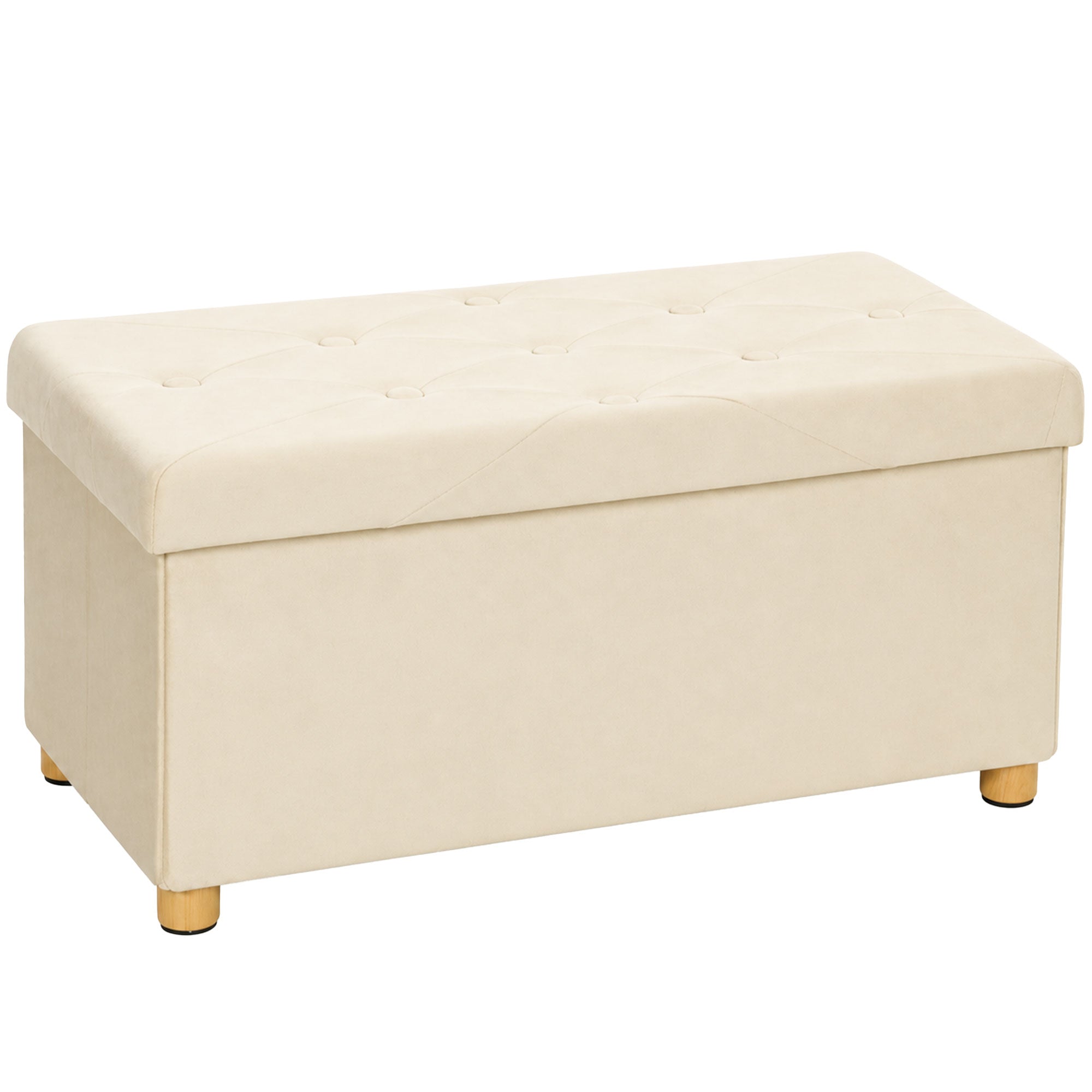 Storage Ottoman Bench, Velvet Upholstered Foldable Ottoman Footrest, Foot Stool with Wood Legs for Living Room, Bedroom, Entryway, Cream White