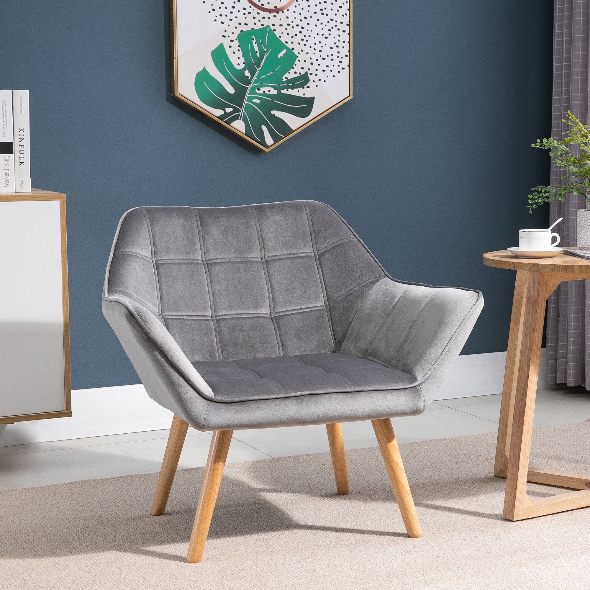 HOMCOM Armchair Accent Chair, Vanity Chair with Wide Arms, Slanted Back, Padding, Metal Frame, Wooden Legs, Home Bedroom Furniture Seating, Grey