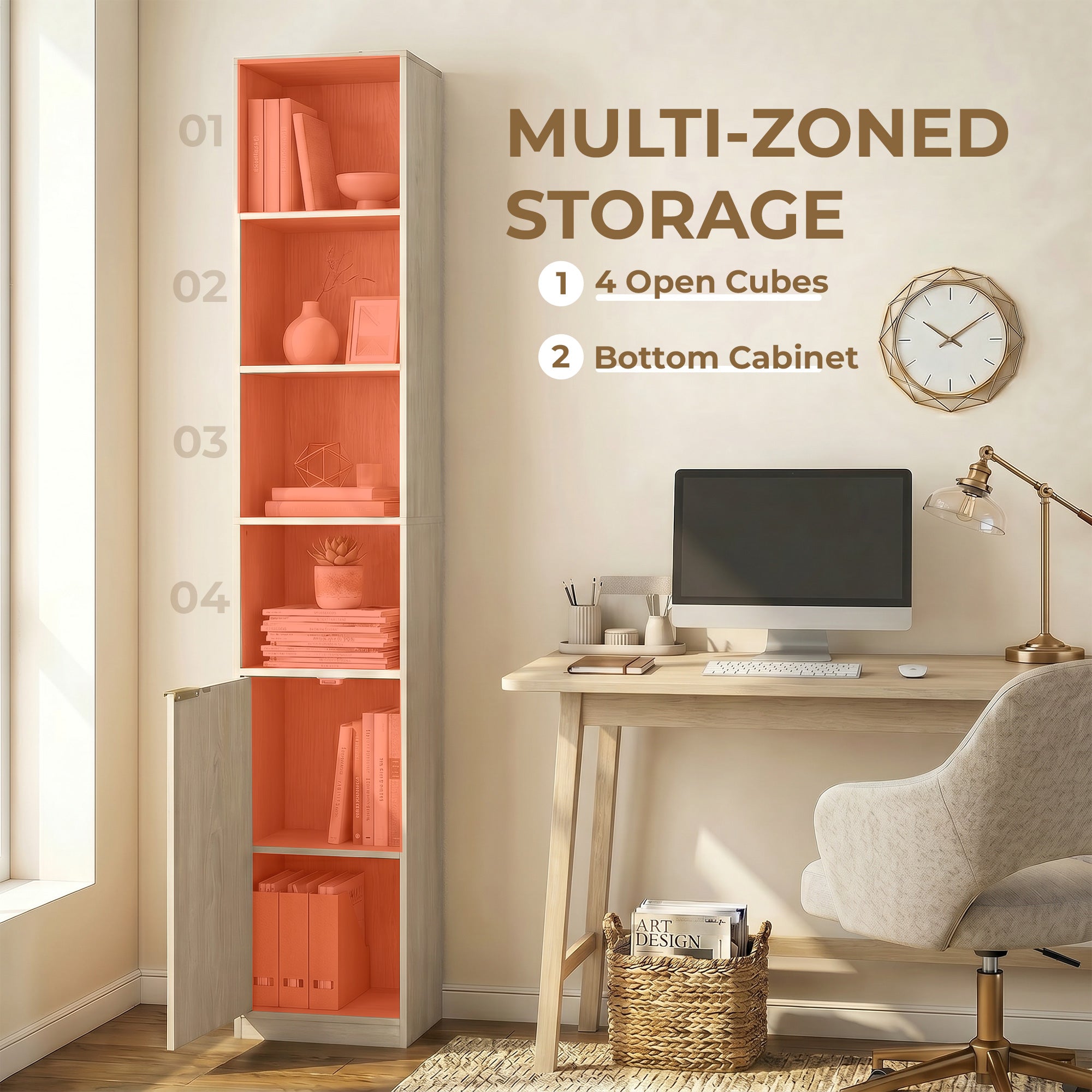 Bookcase, 6-Tier Tall Bookshelf, Open Book Shelf with Storage Cabinet and Adjustable Shelf, Anti-Tip Hardware for Living Room, Bedroom, Home Office, Oak Wood Effect