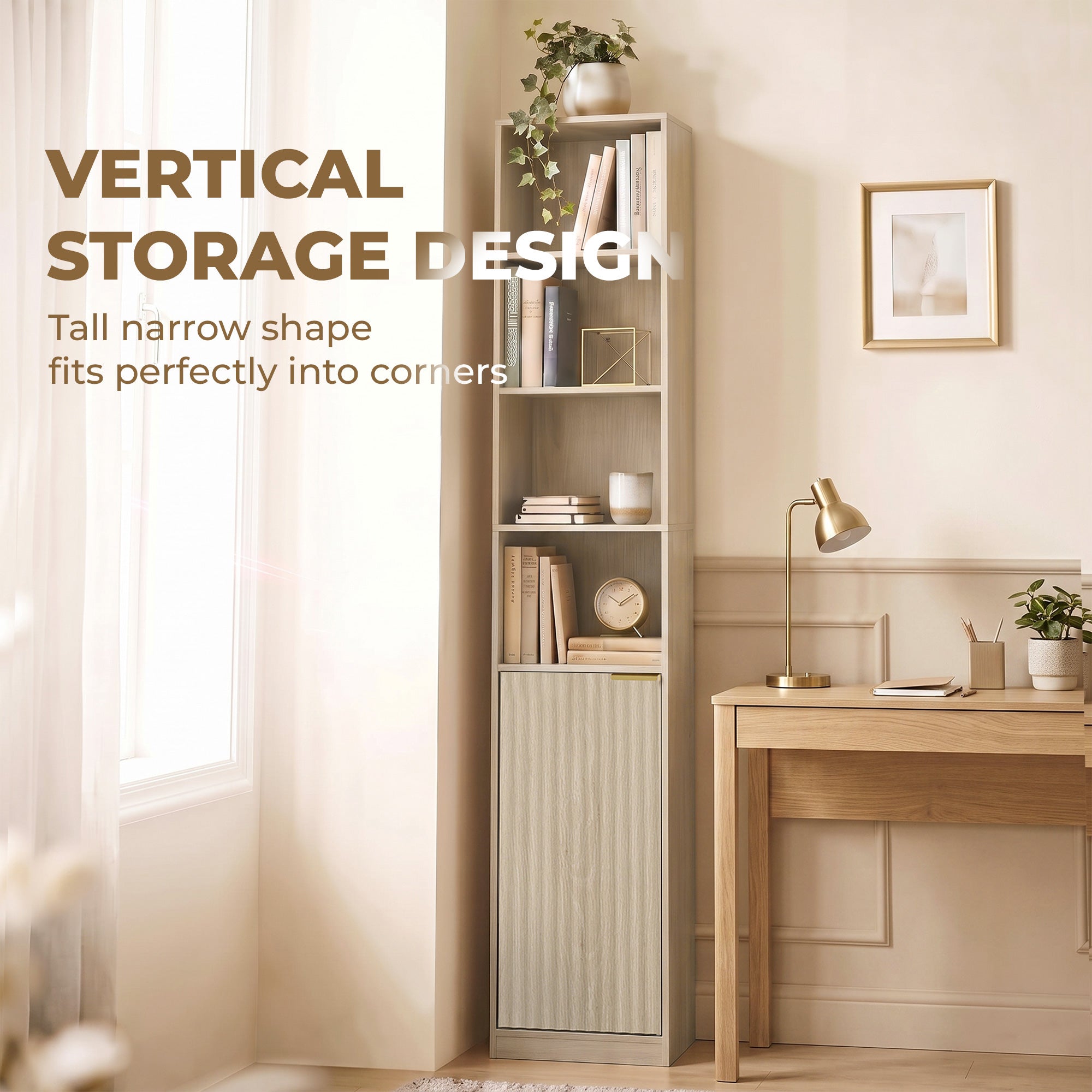Bookcase, 6-Tier Tall Bookshelf, Open Book Shelf with Storage Cabinet and Adjustable Shelf, Anti-Tip Hardware for Living Room, Bedroom, Home Office, Oak Wood Effect