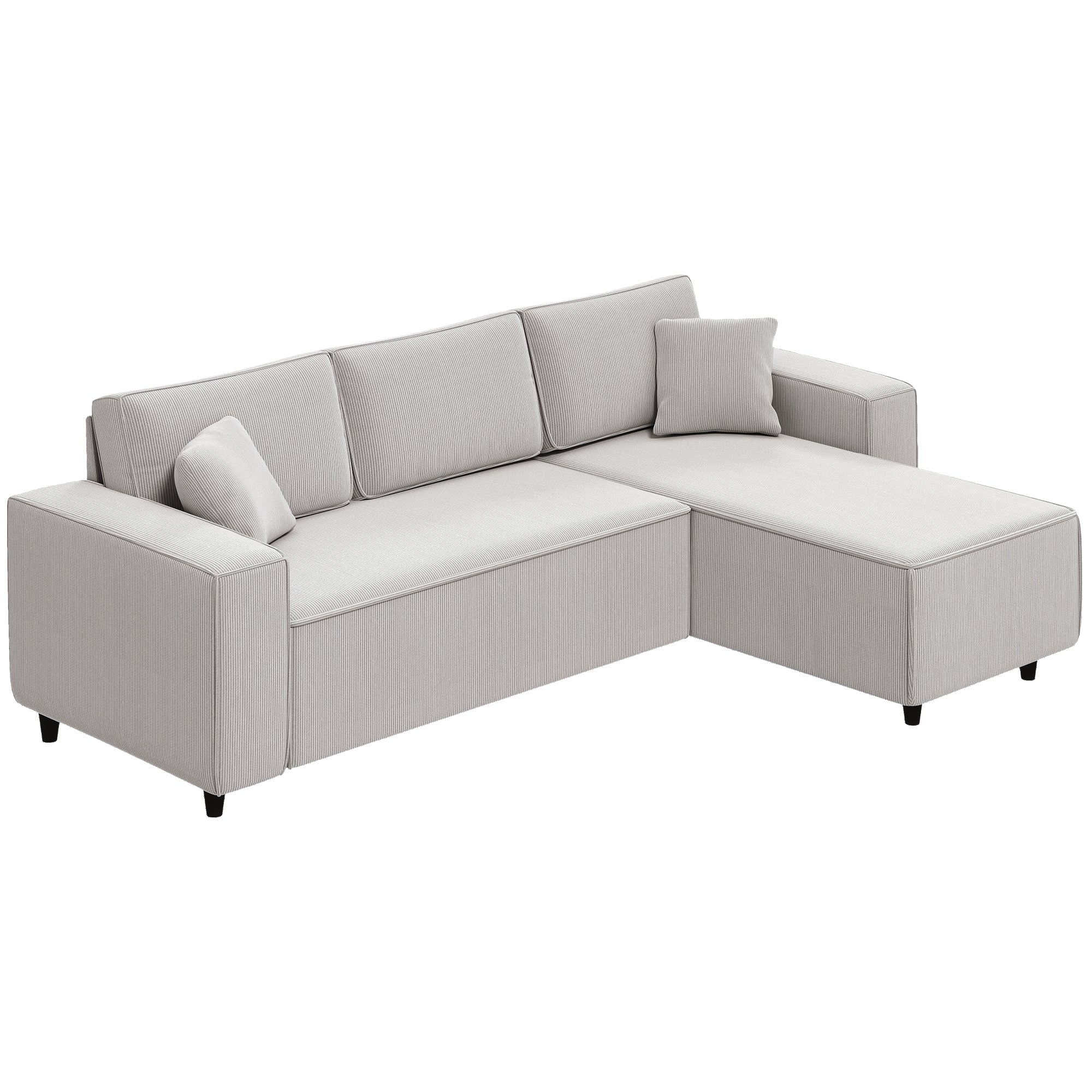 95" Sectional Sofa with Reversible Chaise Lounge, L-Shaped Corner Sofa with Corduroy Fabric, Pocket Spring, 2 Pillows, Wide Arm, Thick Padded, 3 Seat Couch for Living Room, Light Gray
