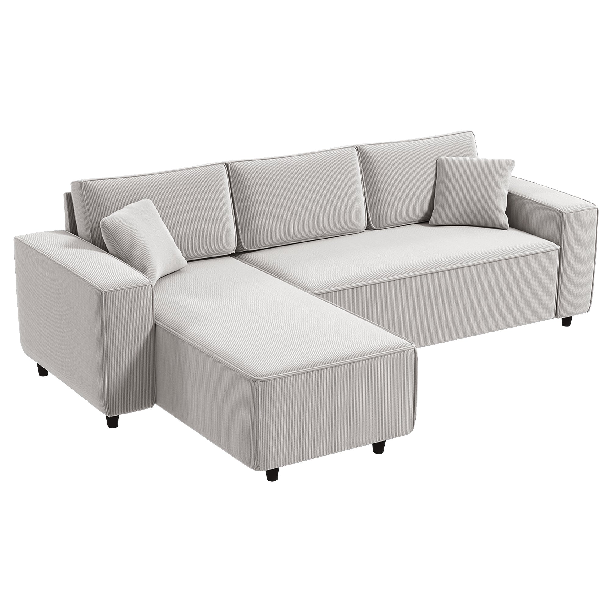 95" Sectional Sofa with Reversible Chaise Lounge, L-Shaped Corner Sofa with Corduroy Fabric, Pocket Spring, 2 Pillows, Wide Arm, Thick Padded, 3 Seat Couch for Living Room, Light Gray