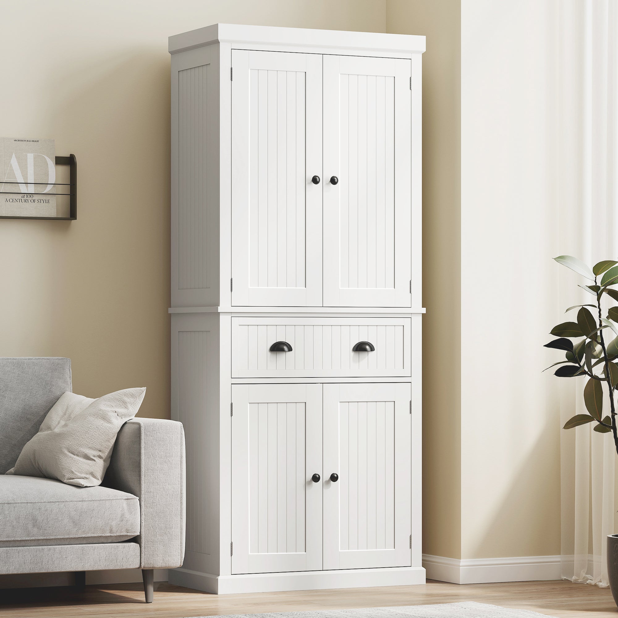 72" Tall Kitchen Pantry Cabinet, Modern Farmhouse Buffet Storage Cabinet with 4 Beadboard Doors, Drawer and Adjustable Shelves, White