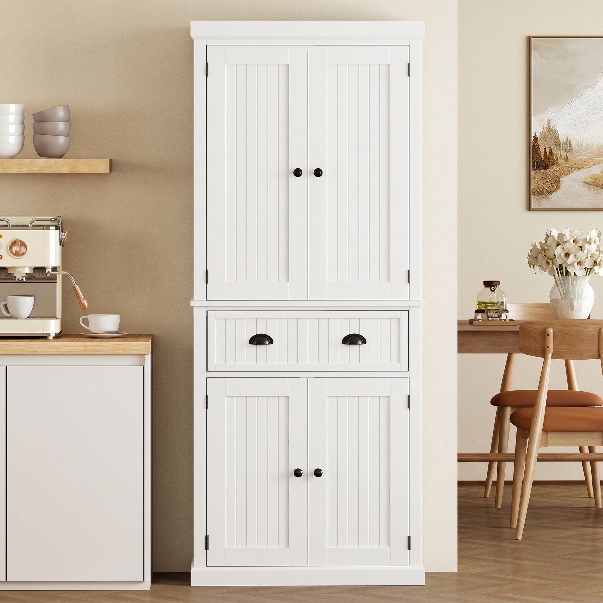 72" Tall Kitchen Pantry Cabinet, Modern Farmhouse Buffet Storage Cabinet with 4 Beadboard Doors, Drawer and Adjustable Shelves, White