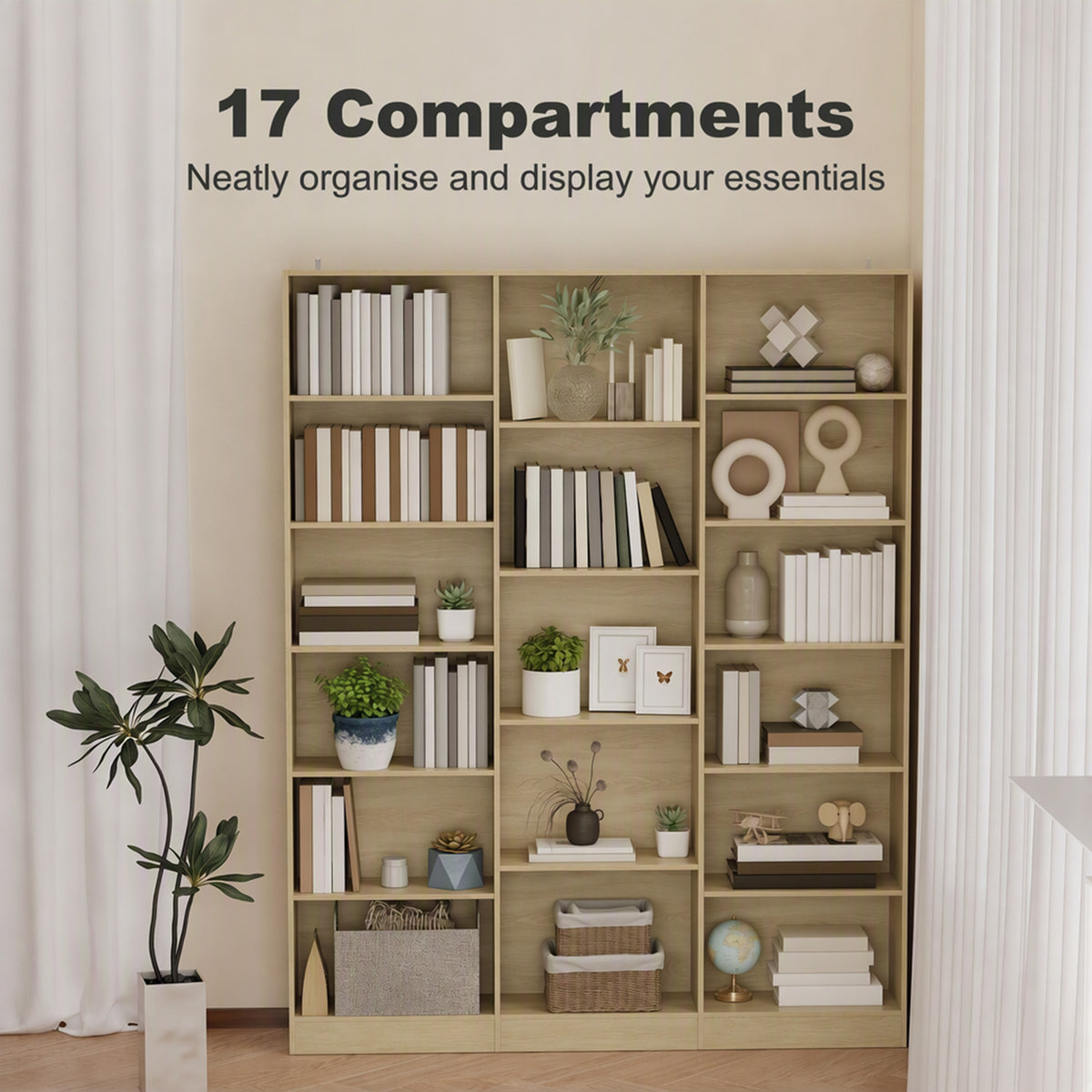Bookcase with 17 Compartments, 6-Tier Tall Bookshelf with 17 Cubes, Adjustable Shelves, Freestanding Shelving Unit Display Shelf for Home Office, Living Room, 149 x 23.6 x 188 cm, Oak