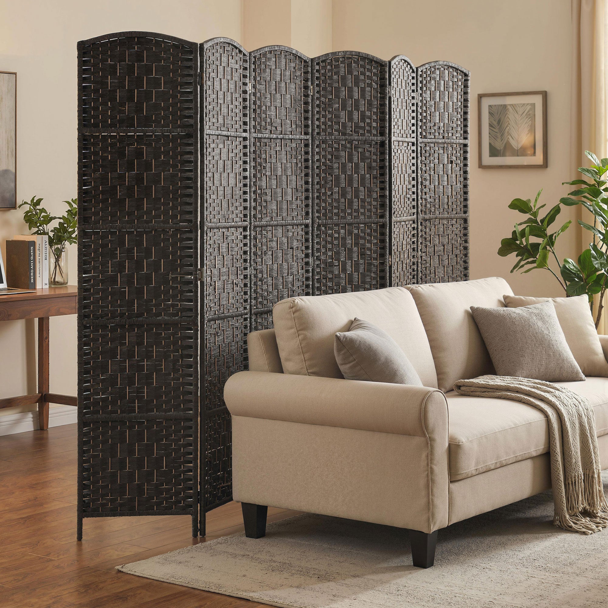 Room Divider, 6 Panel Folding Privacy Screen, 6FT Tall Portable Wicker Weave Partition Wall Divider for Bedroom, Home Office, Coffee