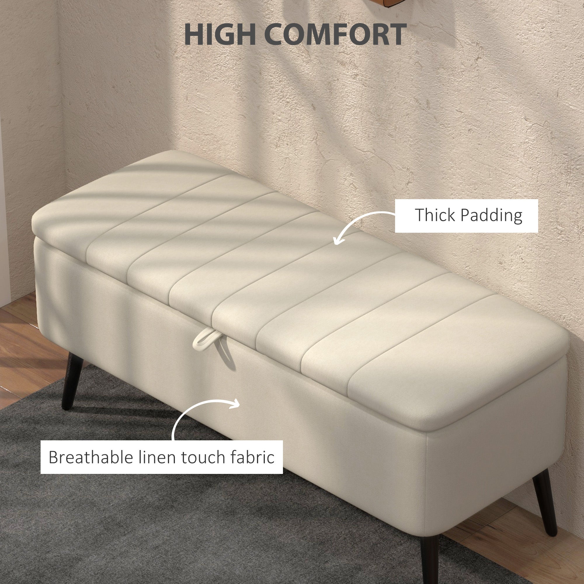 HOMCOM Storage Ottoman with Flip Top, Rectangular Upholstered Bench, Linen Fabric Footstool with Steel Legs for Living Room, Bedroom, Cream White