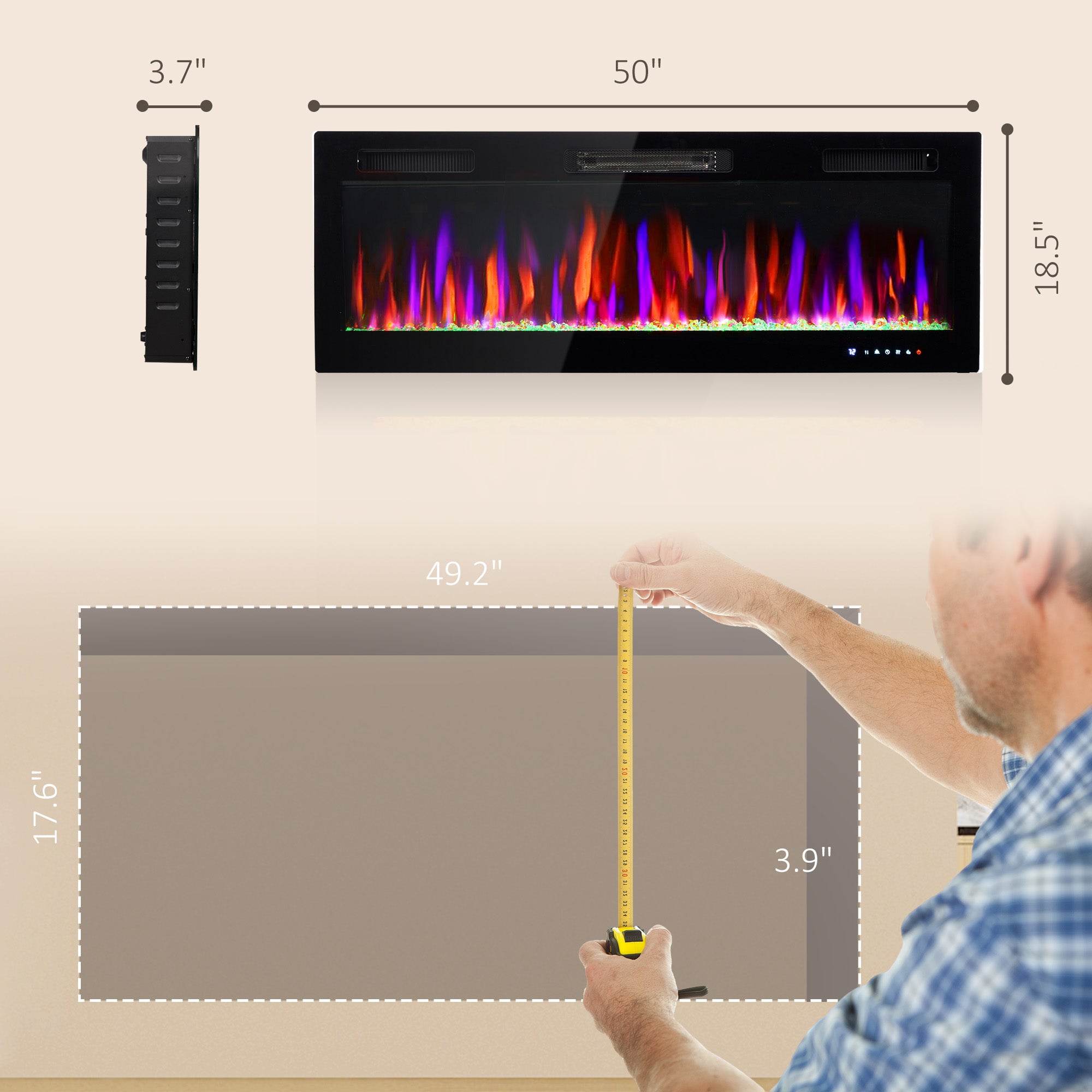 50" Electric Fireplace Recessed and Wall Mounted 1500W Ultra thin with Adjustable Flame Black