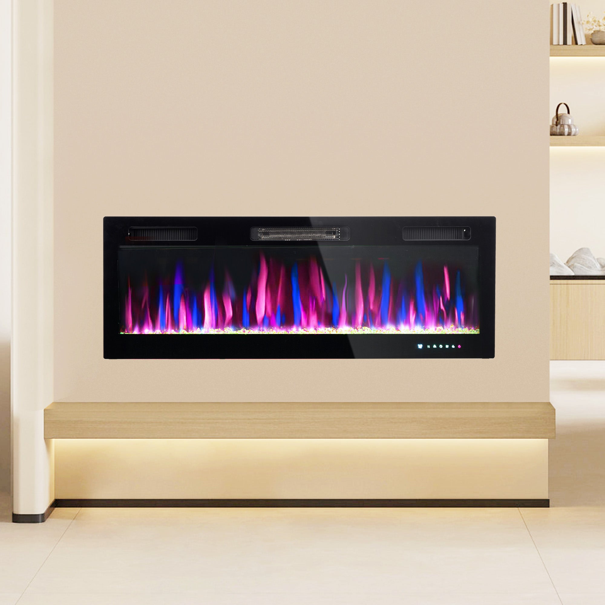 50" Electric Fireplace Recessed and Wall Mounted 1500W Ultra thin with Adjustable Flame Black