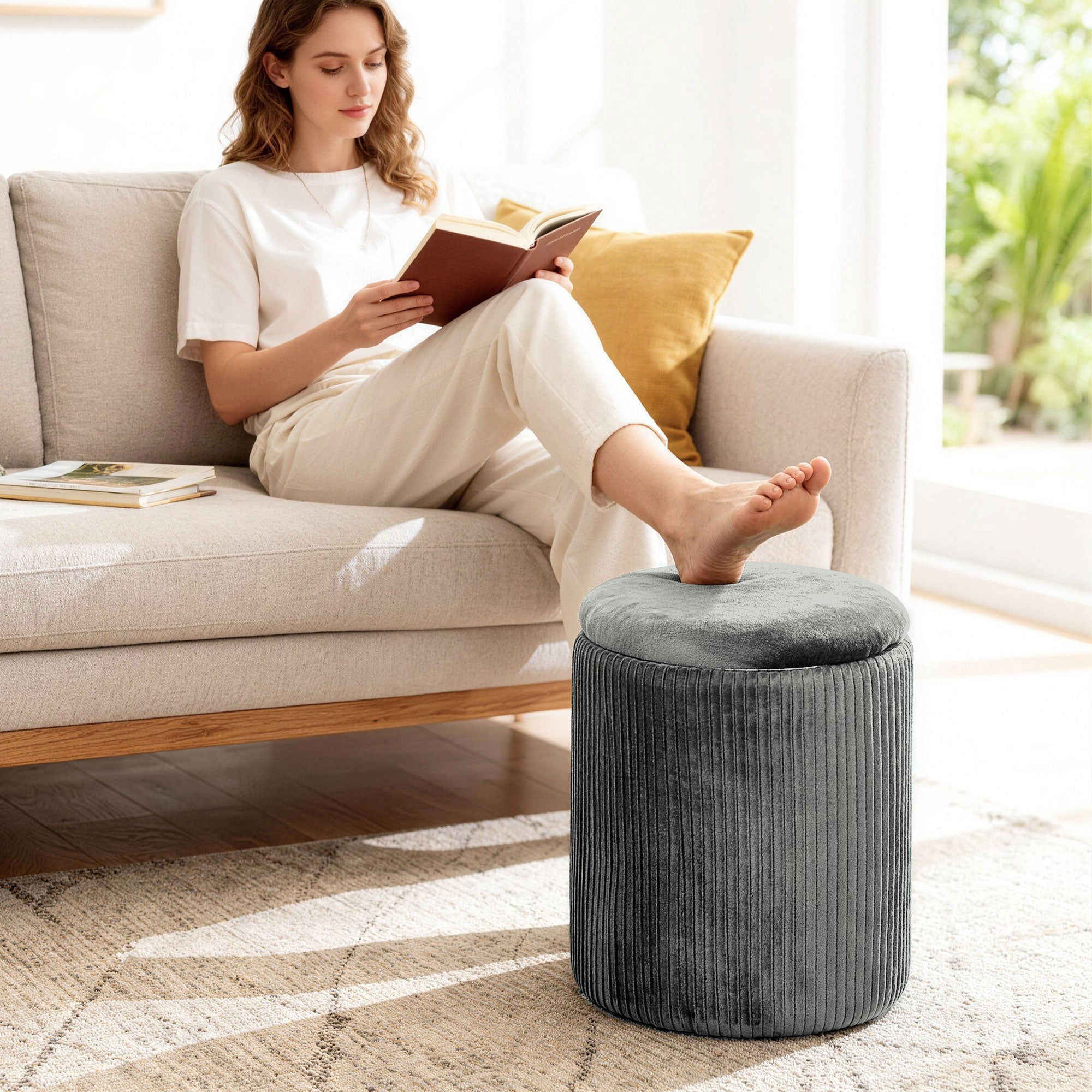 Round Storage Ottoman, Velvet-feel Fabric Upholstered Foot Stool with Removable Top, Padded Seat and Hidden Space for Living Room, Bedroom, Grey