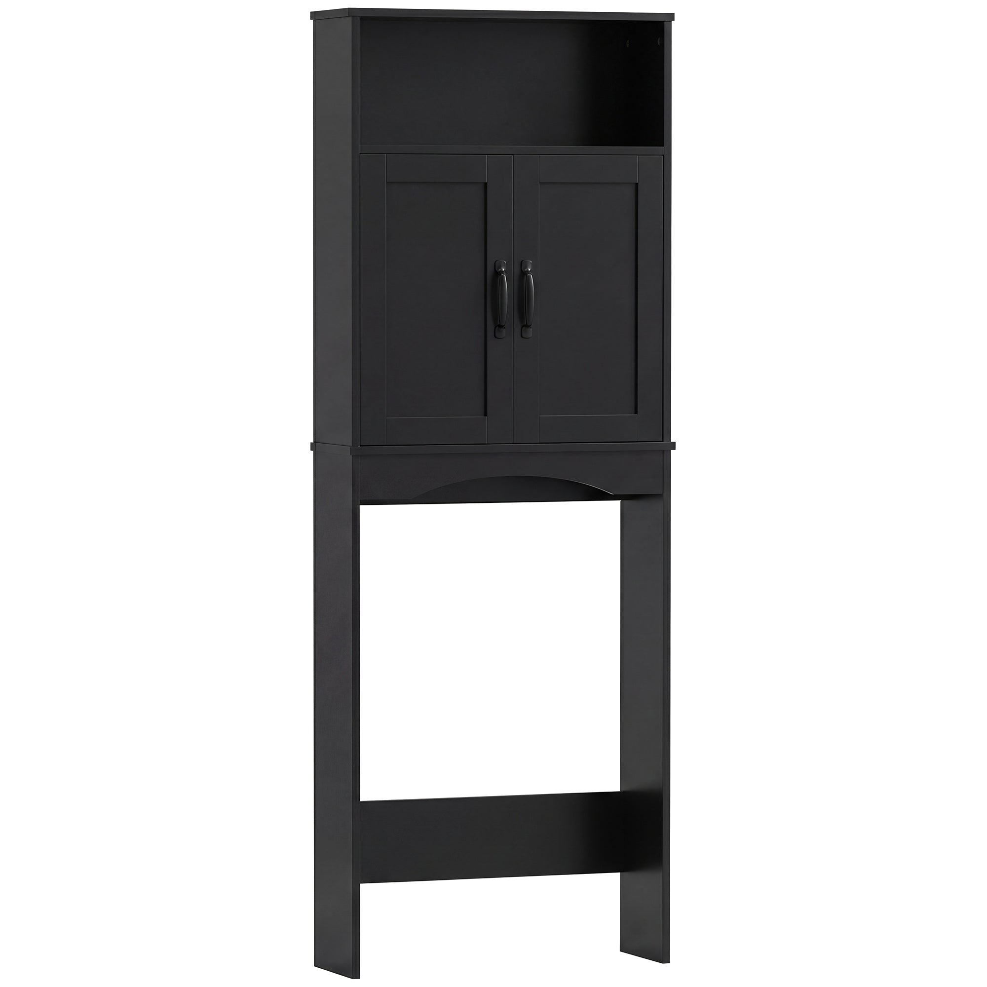 Over the Toilet Storage Cabinet, Over Toilet Bathroom Organizer with 2 Doors and Open Shelf, Freestanding Above Restroom Space Saver for Bathroom, Laundry, Restroom, Black