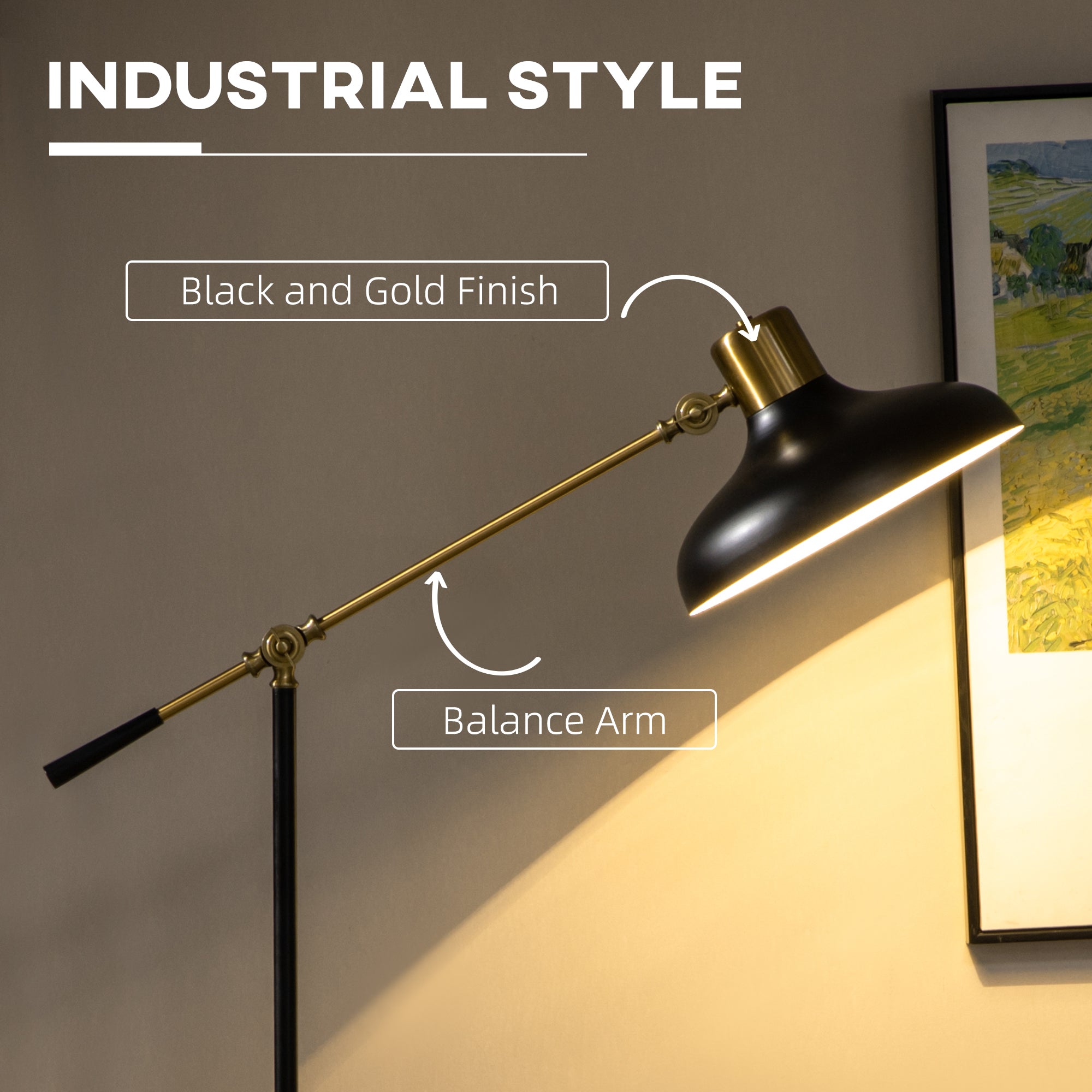 Adjustable Floor Lamp For Living Room Standing Lamp For Bedroom With Balance Arm Tall Black And Gold - HOMCOM