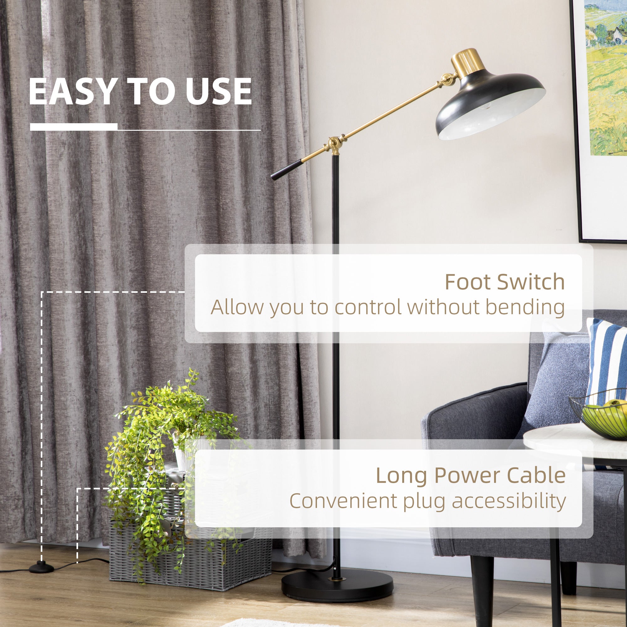 Adjustable Floor Lamp For Living Room Standing Lamp For Bedroom With Balance Arm Tall Black And Gold - HOMCOM