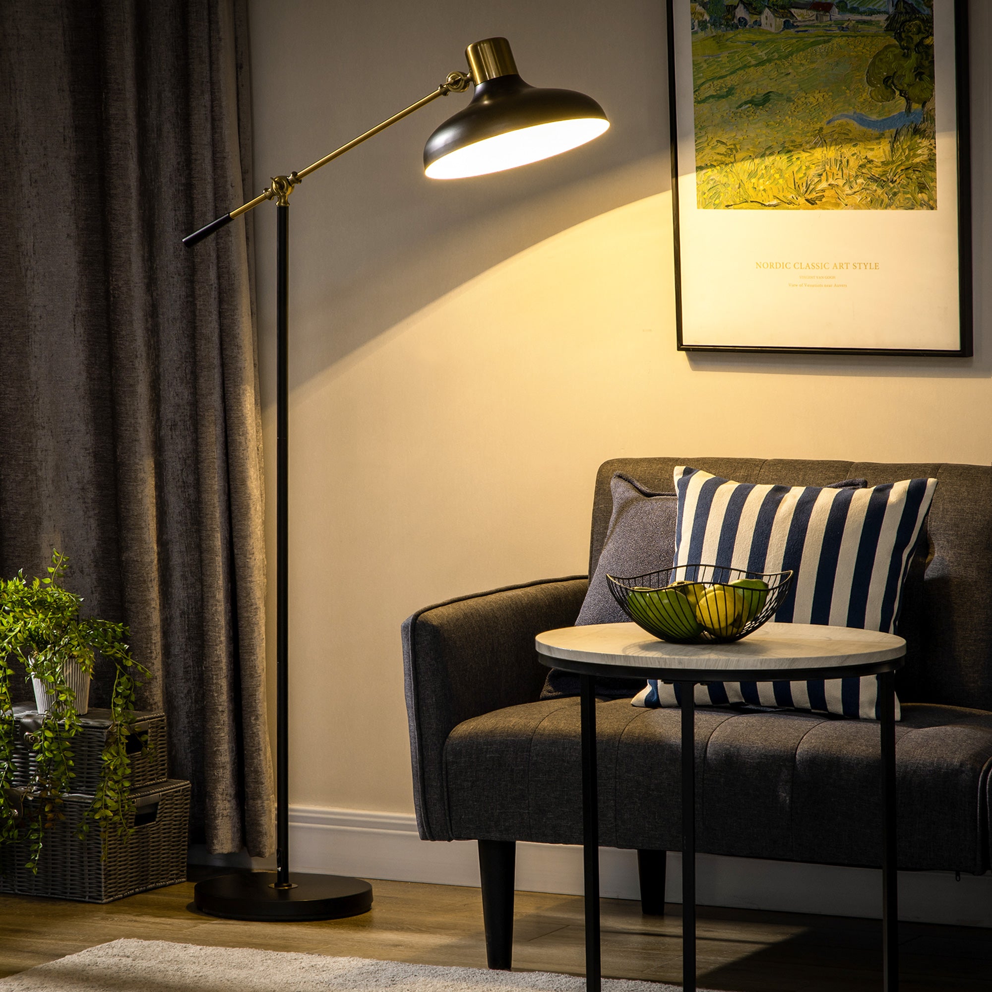 Adjustable Floor Lamp For Living Room Standing Lamp For Bedroom With Balance Arm Tall Black And Gold - HOMCOM