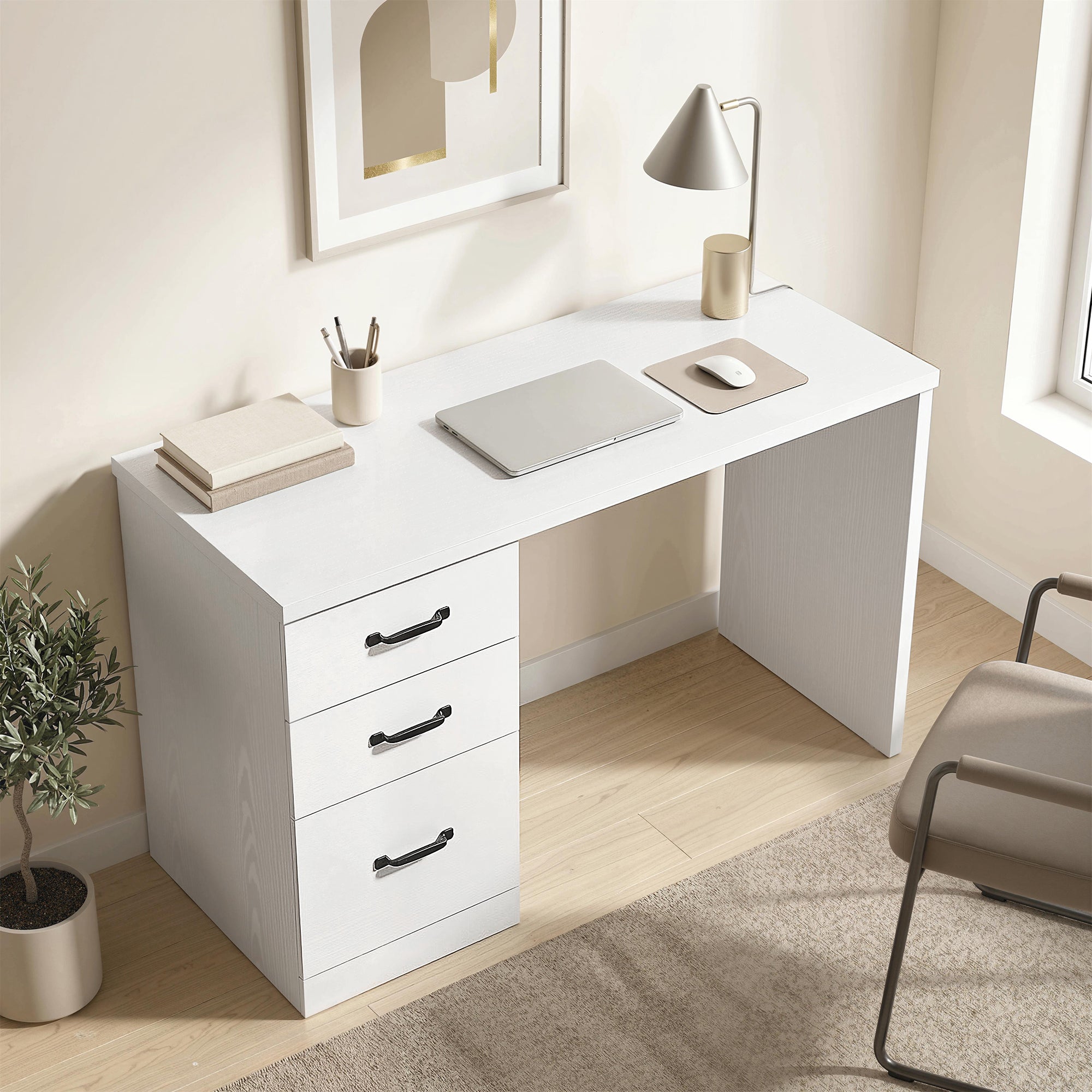 Computer Desk with 3 Drawers, 47" Home Office Desk with Adjustable Hanging Rails for Letter A4 Files, 1.2" Thick Top, Writing Table for Home Office, Study, Bedroom, White