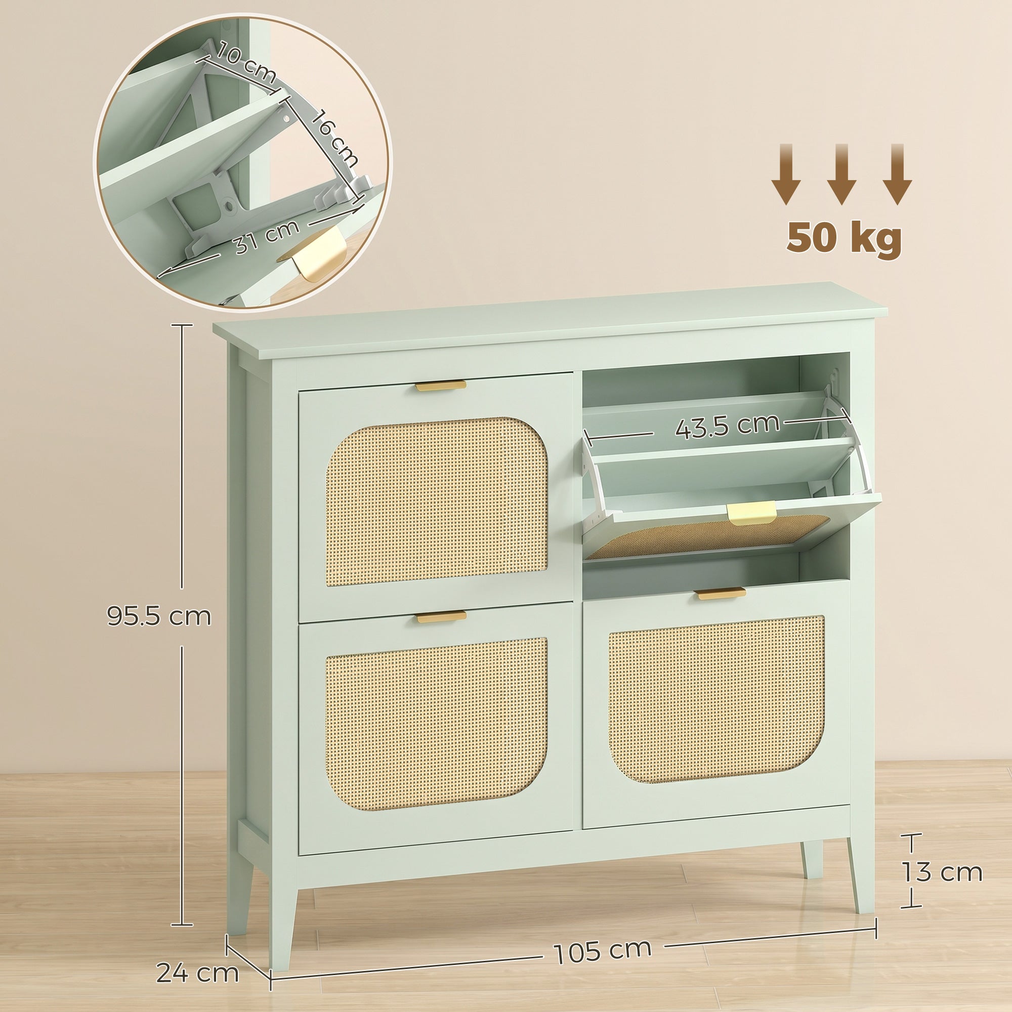 Shoe Storage Cabinet with 4 Flip Drawers, Boho Slim Shoe Cabinet with Rattan Doors for Entryway, Hallway, Holds 20 Pairs, Light Green